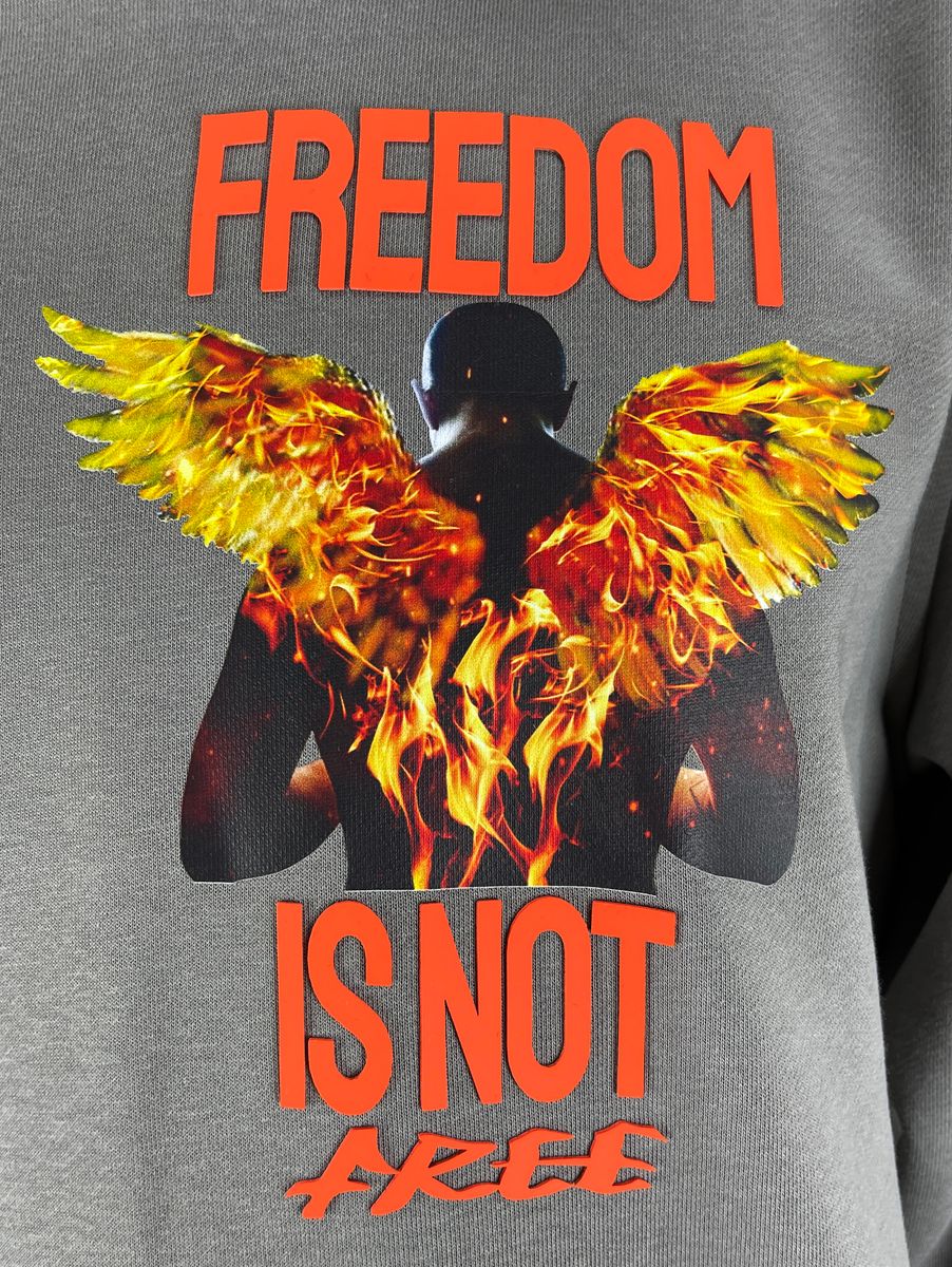 MENS FIFTH LOOP FREEDOM IS NOT FREE CROP PULLOVER HOODIE (GHOST GREY)