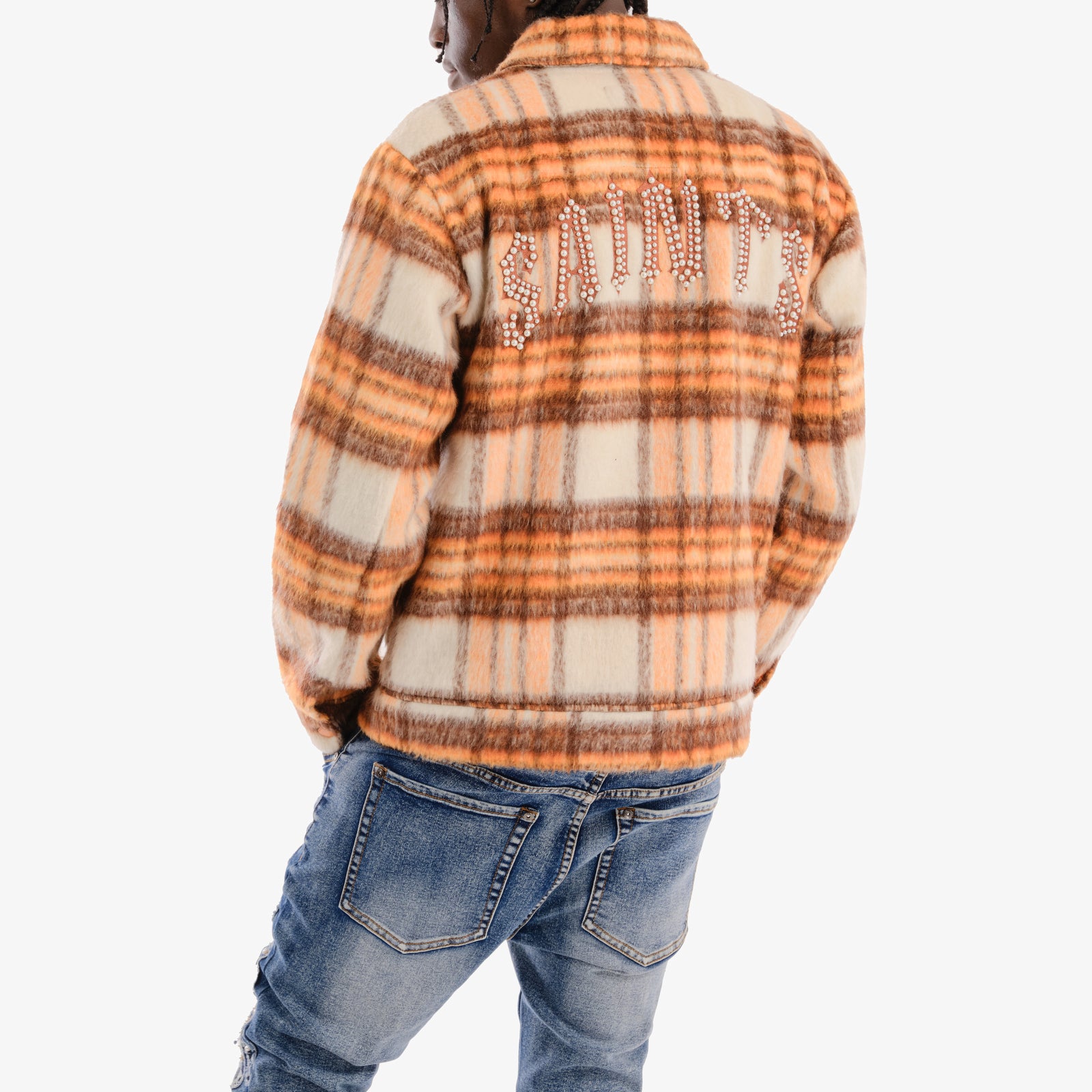 MENS COPPER RIVET BRUSHED FLANNEL JACKET WITH PEARL EMBROIDERY (ORANGE)