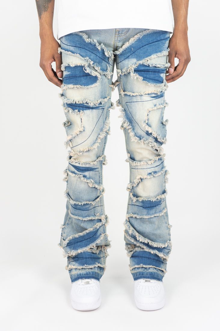 MENS ROAR DENIM RIP & FRAY STACKED DENIM/TWILL PANT (MEDIUM INDIGO)