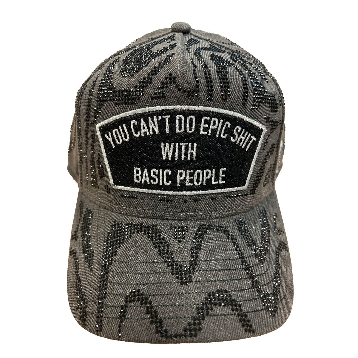 CULT 5 PANEL A FRAME TRUCKER HAT "EPIC SHIT" SWIRL CRYSTALS (BLACK DENIM)