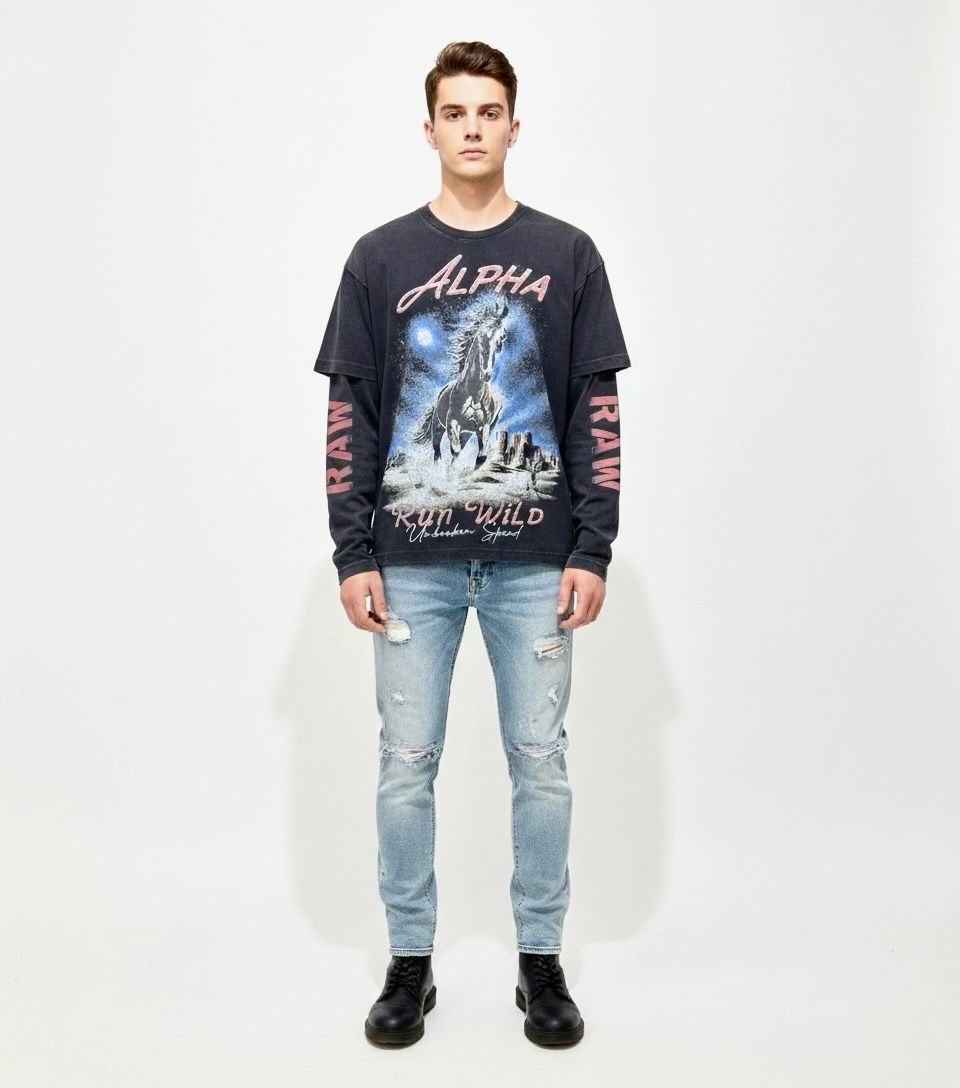 MENS ALPHA STYLE DRAVEN DOUBLE LAYER SHIRT (BLACK)