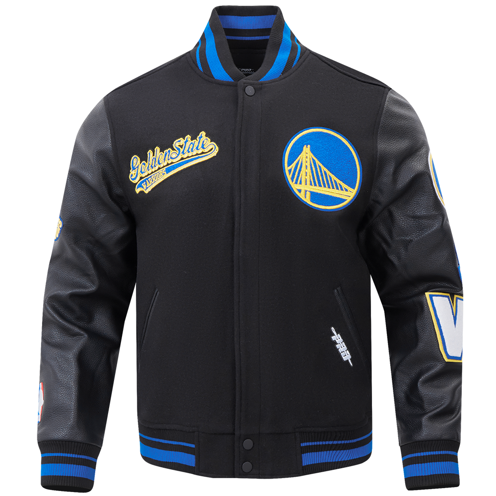 MENS GOLDEN STATE WARRIORS SCRIPT TAIL RIB WOOL VARSITY JACKET (BLACK/ROYAL BLUE)