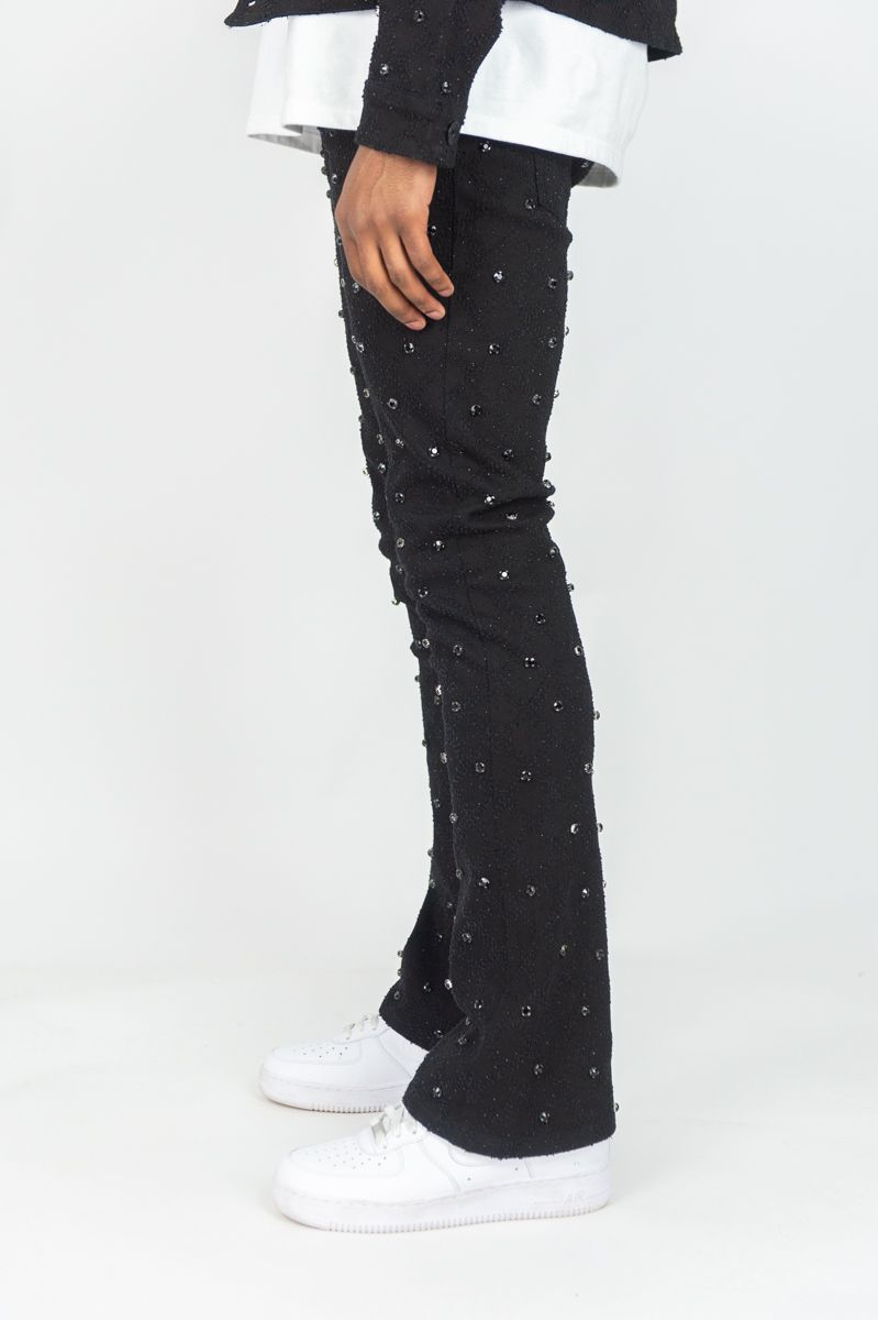 MENS R3BEL DENIM DIAMOND STUDDED STACKED FLARE (BLACK)