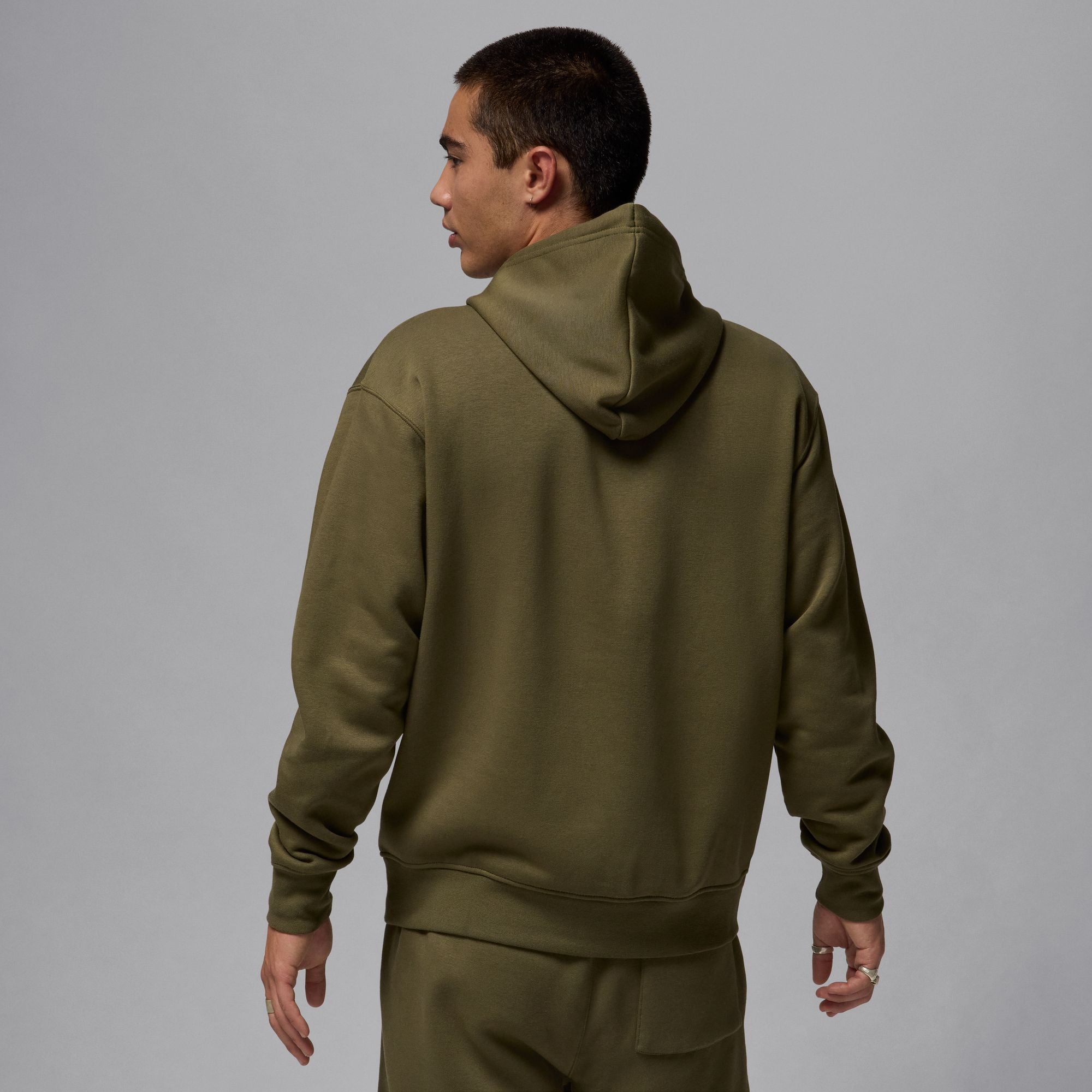 MENS JORDAN JORDAN ESSENTIAL FLEECE BASELINE HOODIE (MEDIUM OLIVE/WHITE/BLACK)