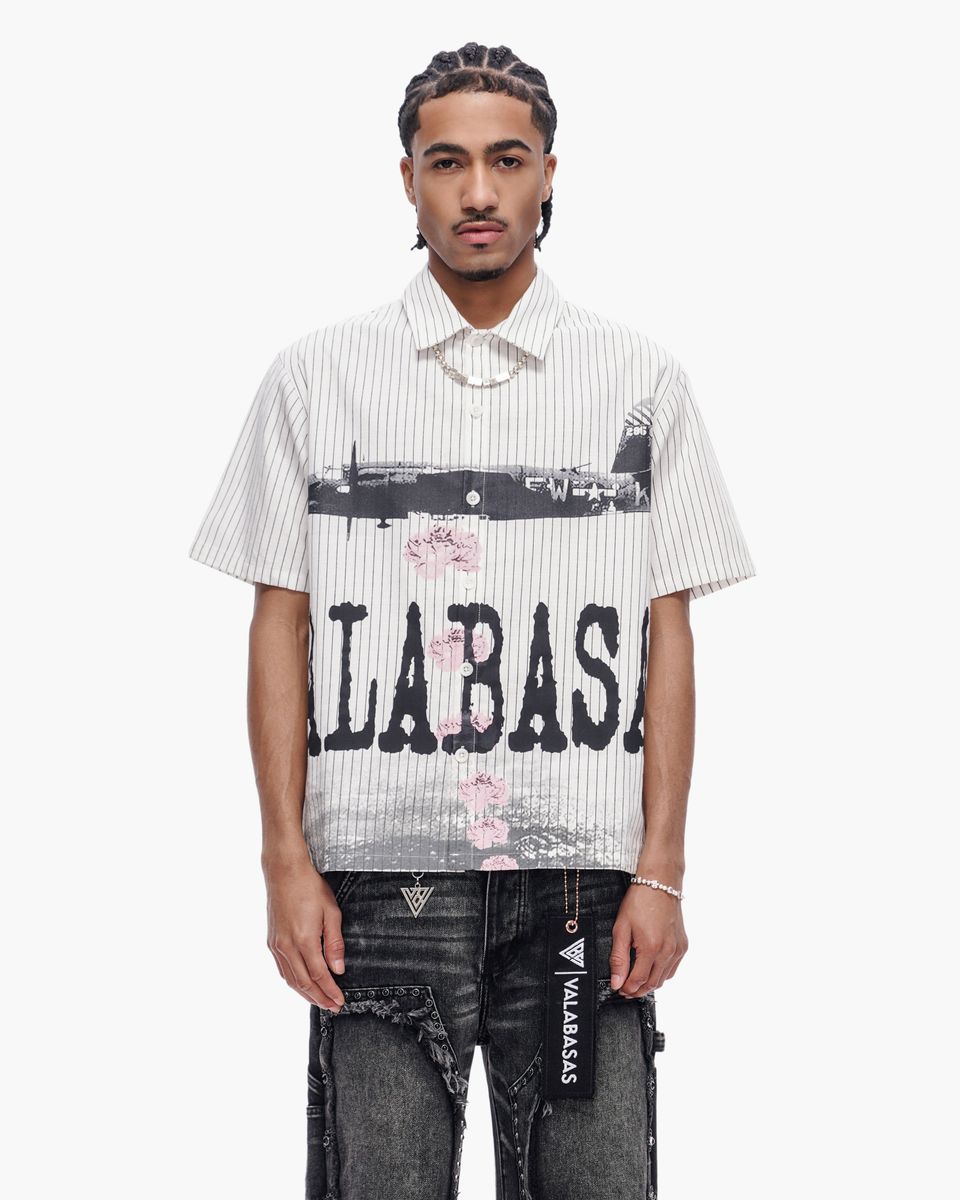 MENS VALABASAS FLOWER BOMB PIN-STRIPED BUTTON DOWN (WHITE)