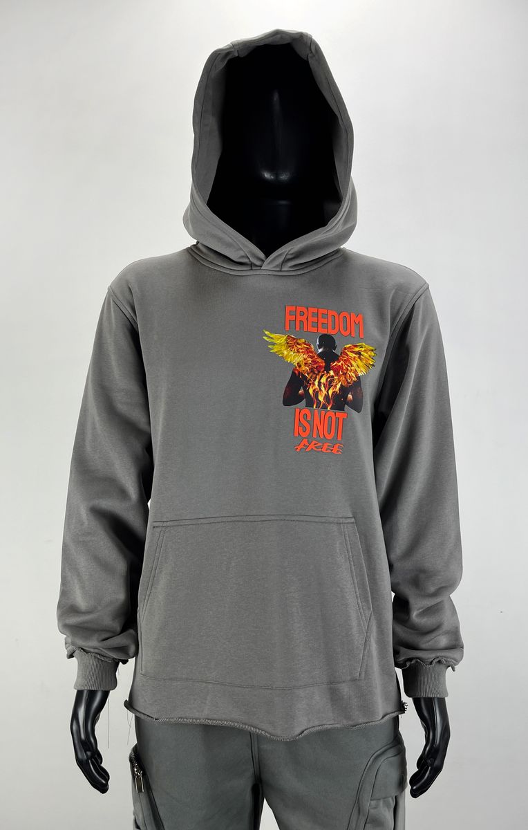 MENS FIFTH LOOP FREEDOM IS NOT FREE CROP PULLOVER HOODIE (GHOST GREY)