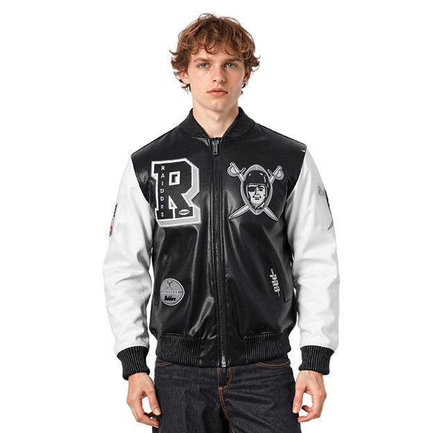 MENS PRO STANDARD AS VEGAS RAIDERS BEST OF LEATHER VARSITY JACKET (BLACK/WHITE)