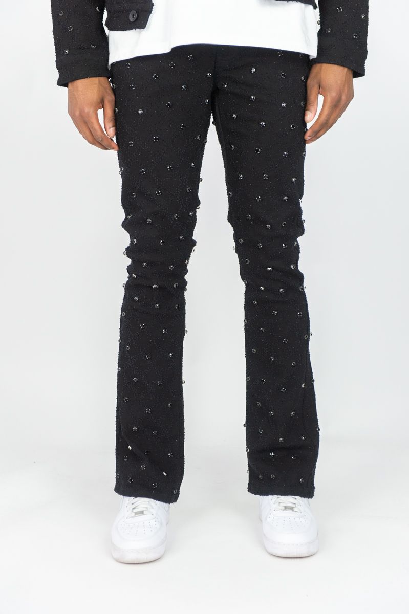 MENS R3BEL DENIM DIAMOND STUDDED STACKED FLARE (BLACK)