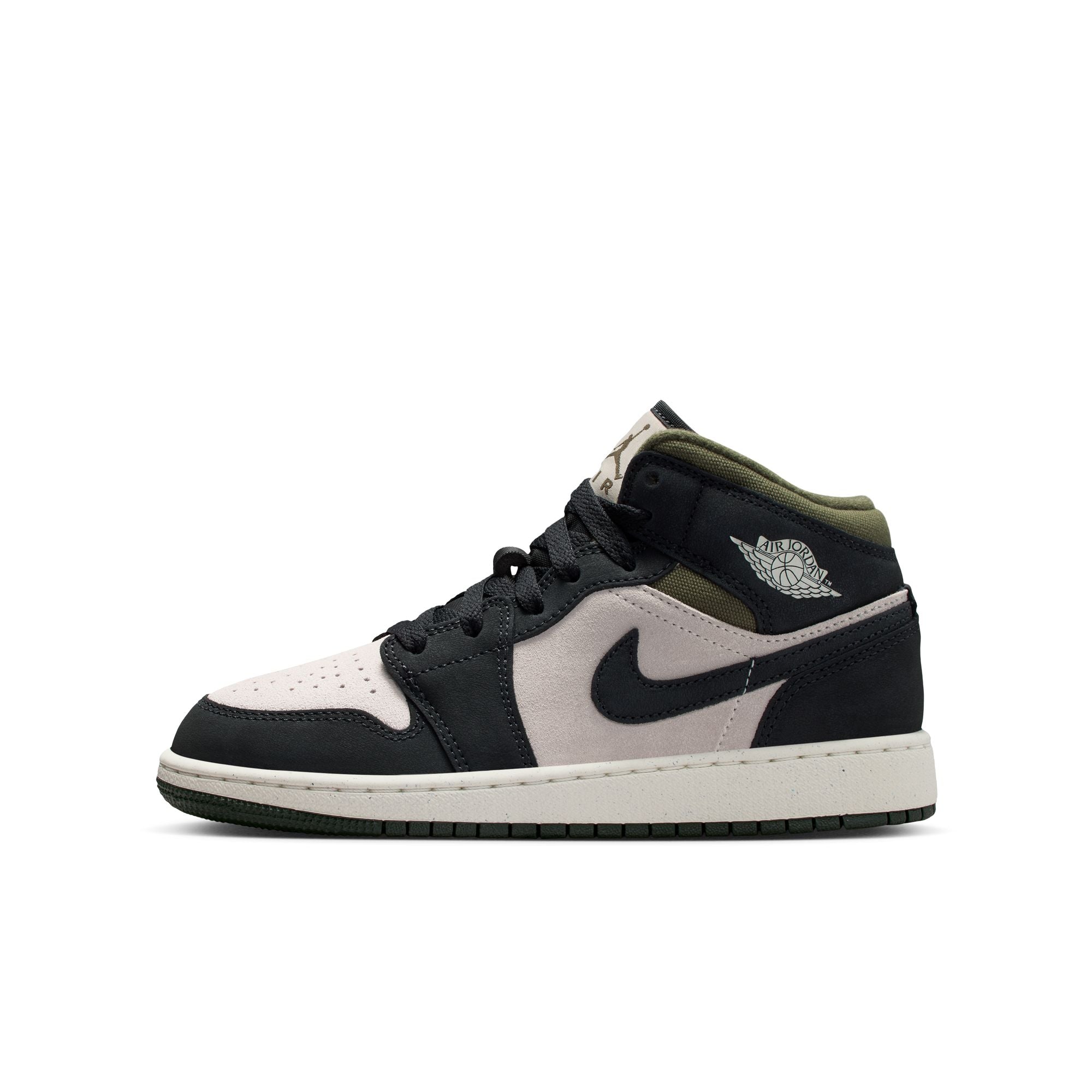 KIDS AIR JORDAN 1 MID SE GS (LT OREWOOD BRN/OFF NOIR/MEDIUM OLIVE)