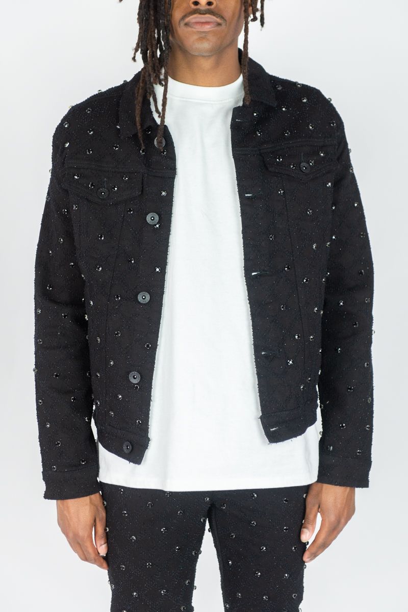 MENS R3BEL DENIM DIAMOND STUDDED TWILL JACKET (BLACK)