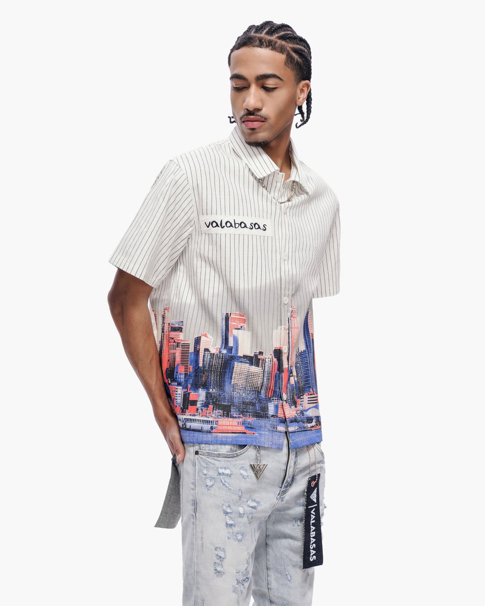 MENS VALABASAS LEAVE TOWN PIN-STRIPED BUTTON DOWN (WHITE)