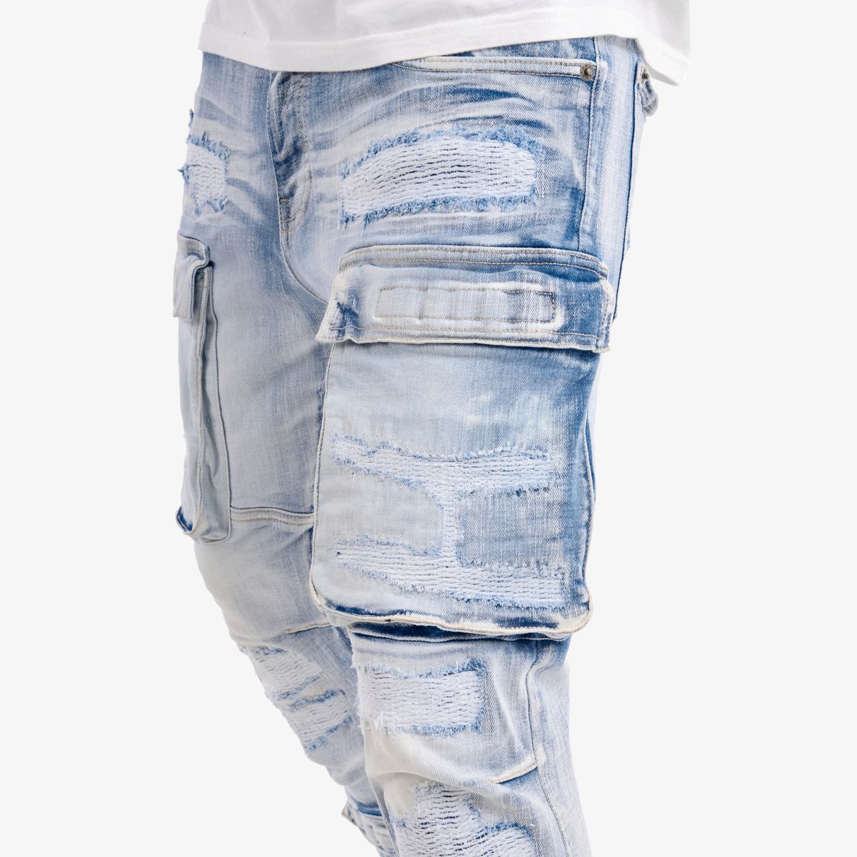 MENS COPPER RIVET SLIM FIT RIP AND REPAIR CARGO DENIM (LIGHT SAND BLUE)