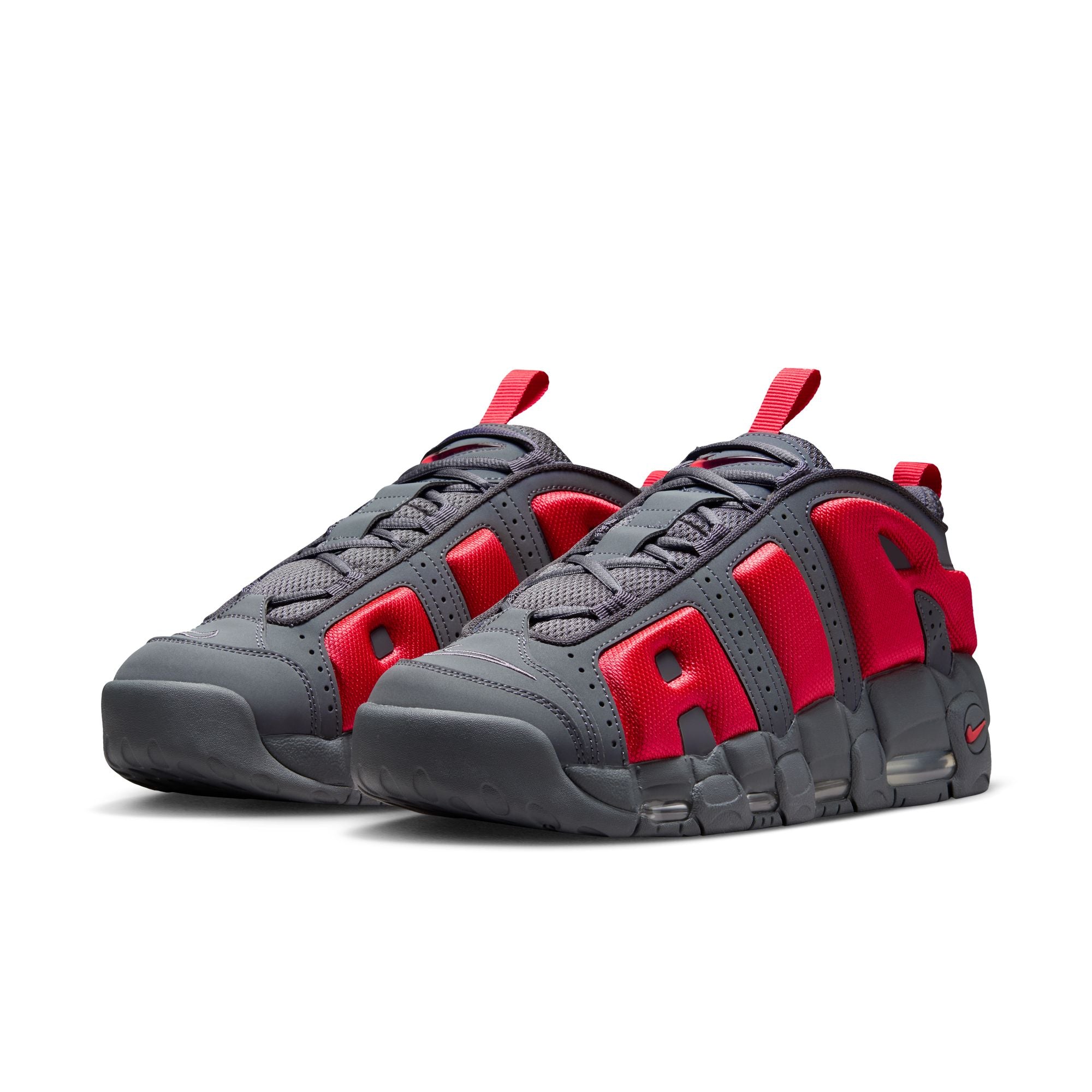 MENS NIKE AIR MORE UPTEMPO LOW (DARK GREY/LT CRIMSON/METALLIC SILVER)