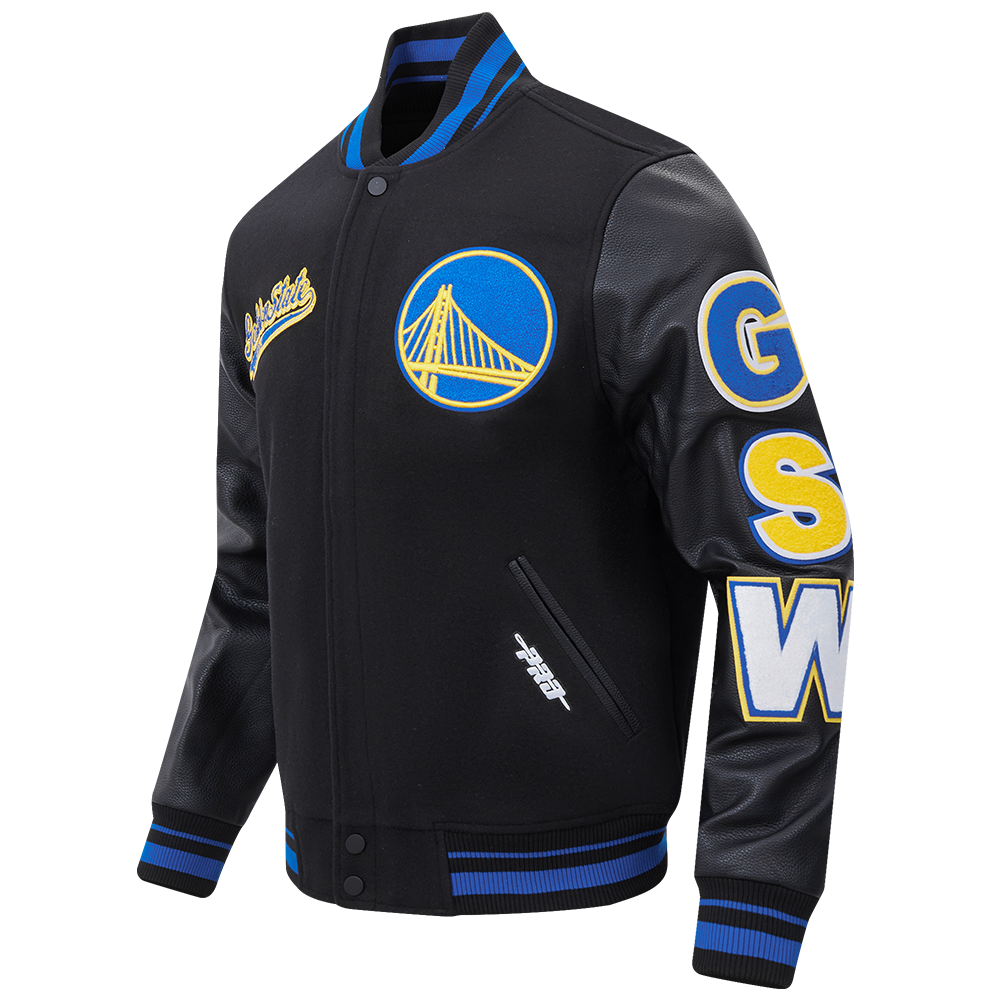 MENS GOLDEN STATE WARRIORS SCRIPT TAIL RIB WOOL VARSITY JACKET (BLACK/ROYAL BLUE)