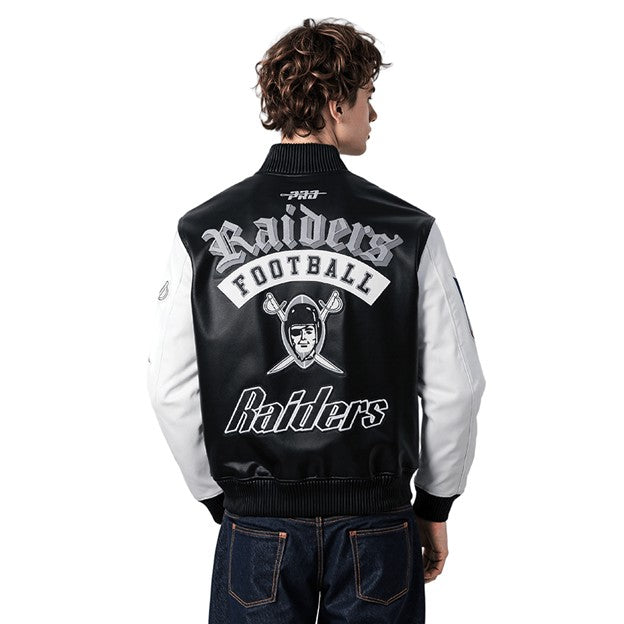 MENS PRO STANDARD AS VEGAS RAIDERS BEST OF LEATHER VARSITY JACKET (BLACK/WHITE)