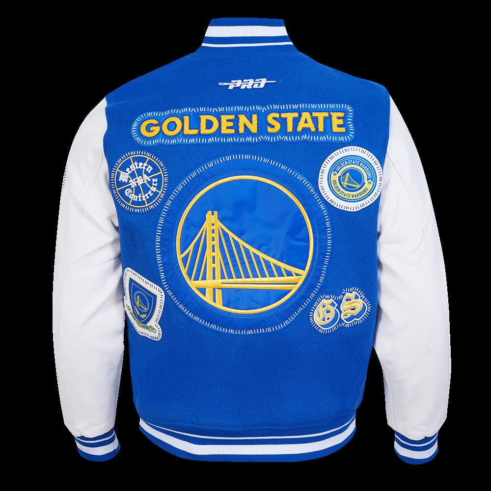 MENS GOLDEN STATE WARRIORS DIY PICK STITCH M RIB WOOL VARSITY JACKET (ROYAL BLUE/WHITE)