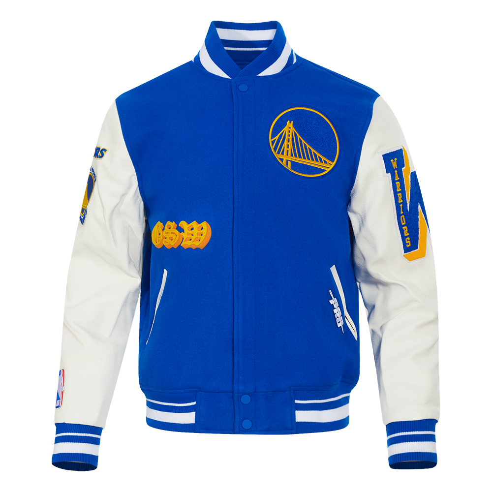 MENS GOLDEN STATE WARRIORS OLD ENGLISH RIB WOOL VARSITY JACKET (ROYAL BLUE/WHITE)