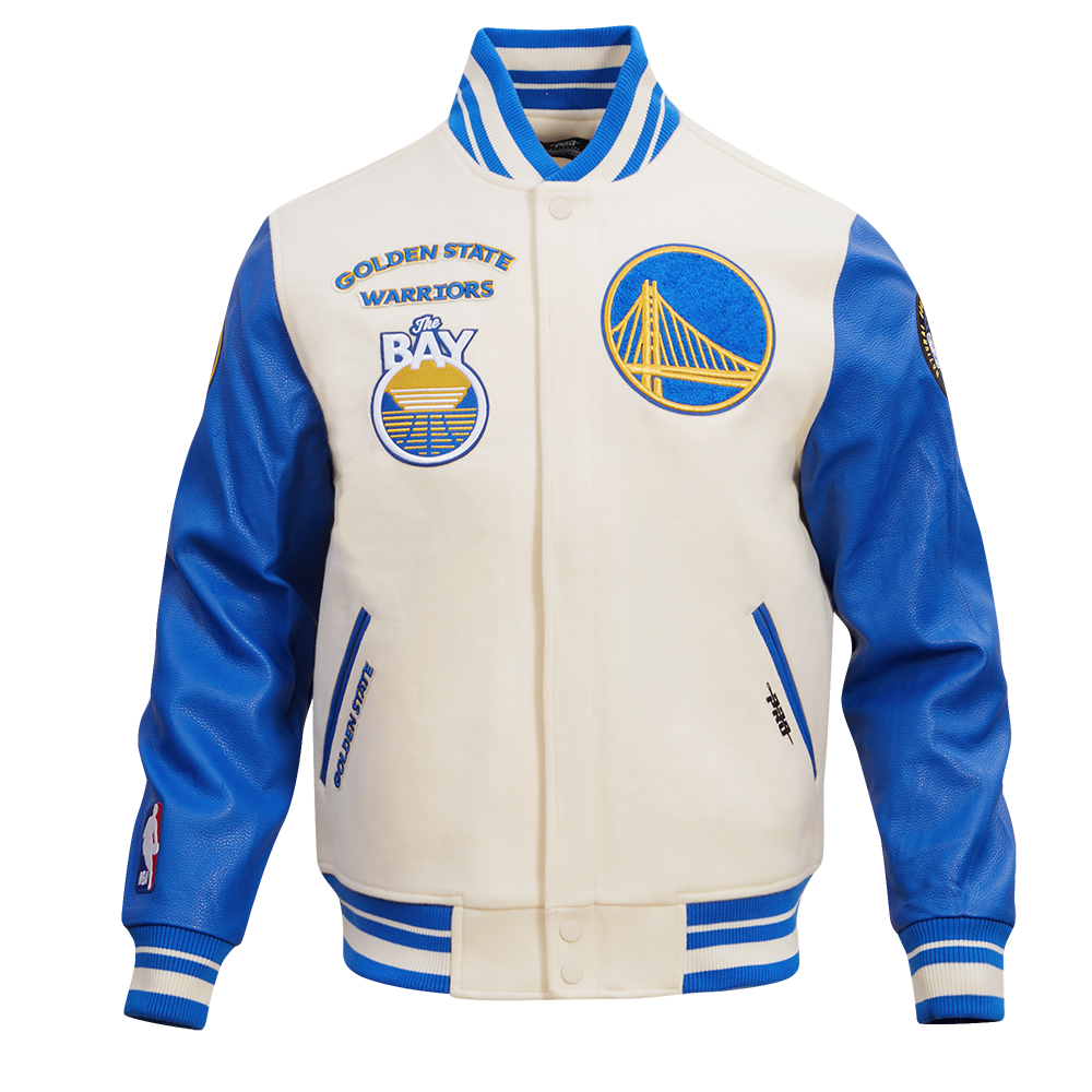 MENS GOLDEN STATE WARRIORS RETRO CLASSIC RIB WOOL VARSITY JACKET (EGGSHELL/ROYAL BLUE)