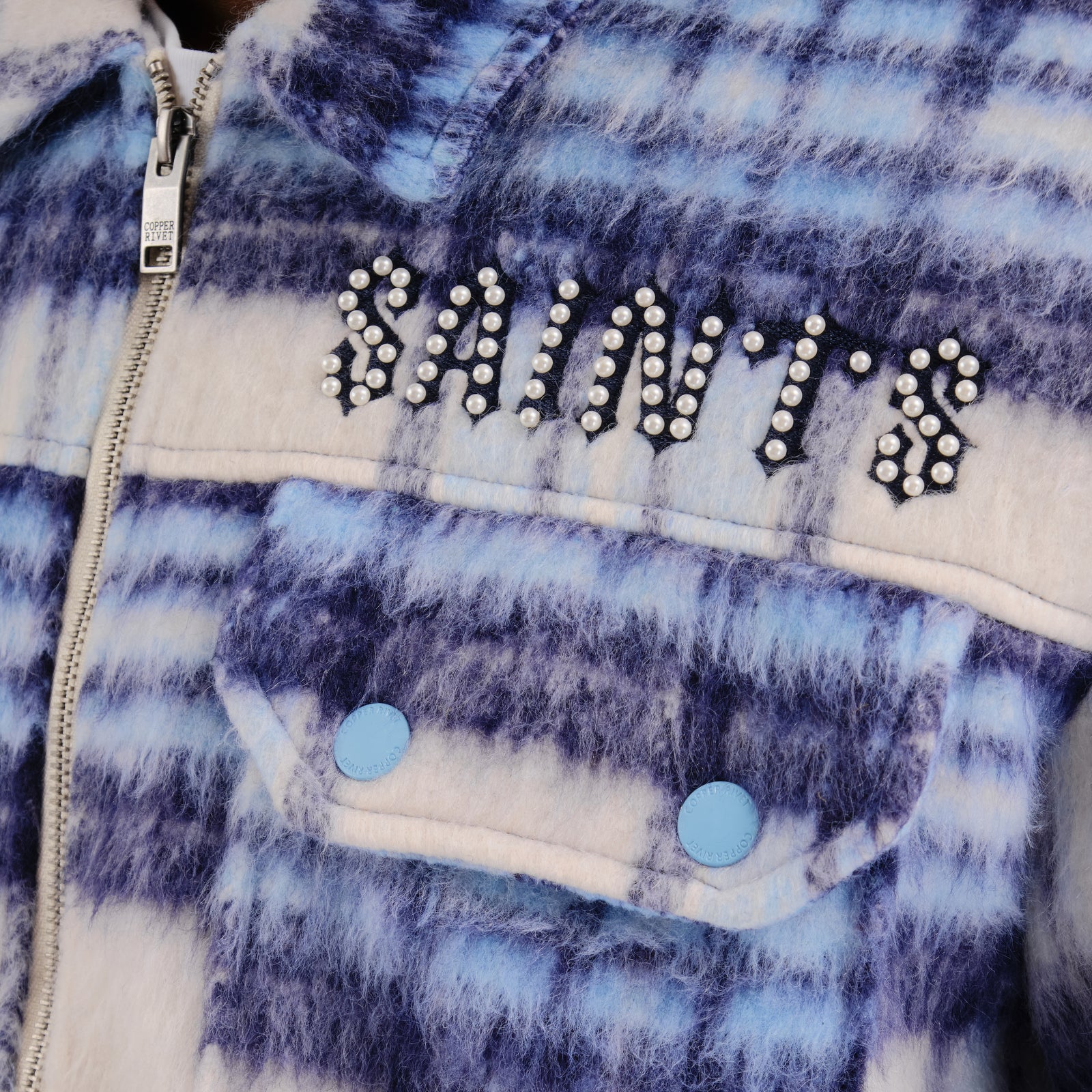 MENS COPPER RIVET BRUSHED FLANNEL JACKET WITH PEARL EMBROIDERY (BLUE)