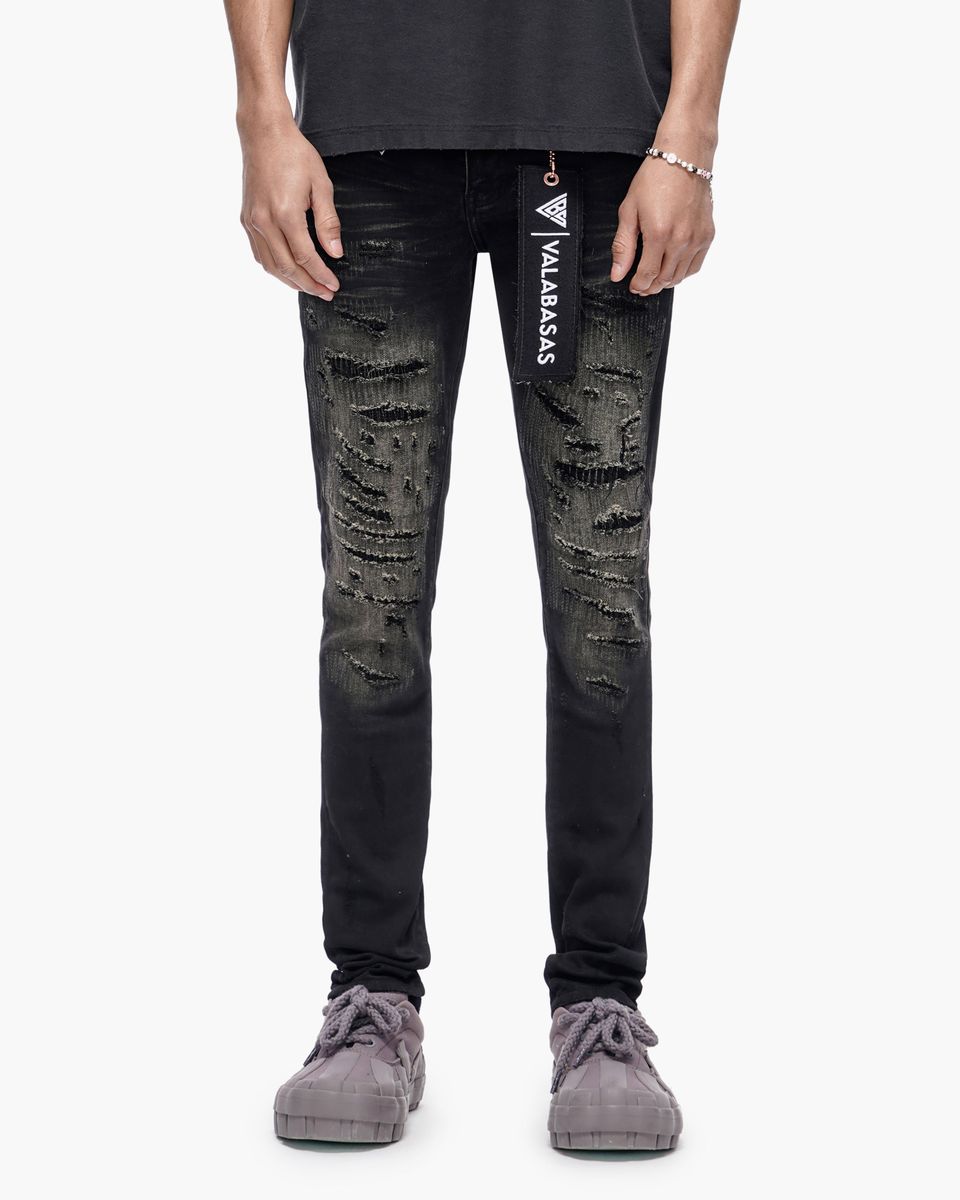 MENS VALABASAS RIP AND REPAIR SKINNY JEAN (BLACK WASH)