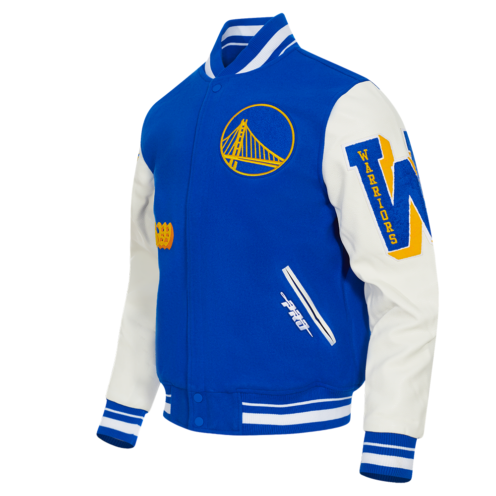 MENS GOLDEN STATE WARRIORS OLD ENGLISH RIB WOOL VARSITY JACKET (ROYAL BLUE/WHITE)