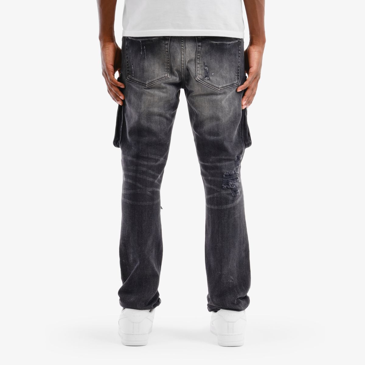 MENS COPPER RIVET SLIM FIT RIP AND REPAIR CARGO DENIM (BLACK SAND)