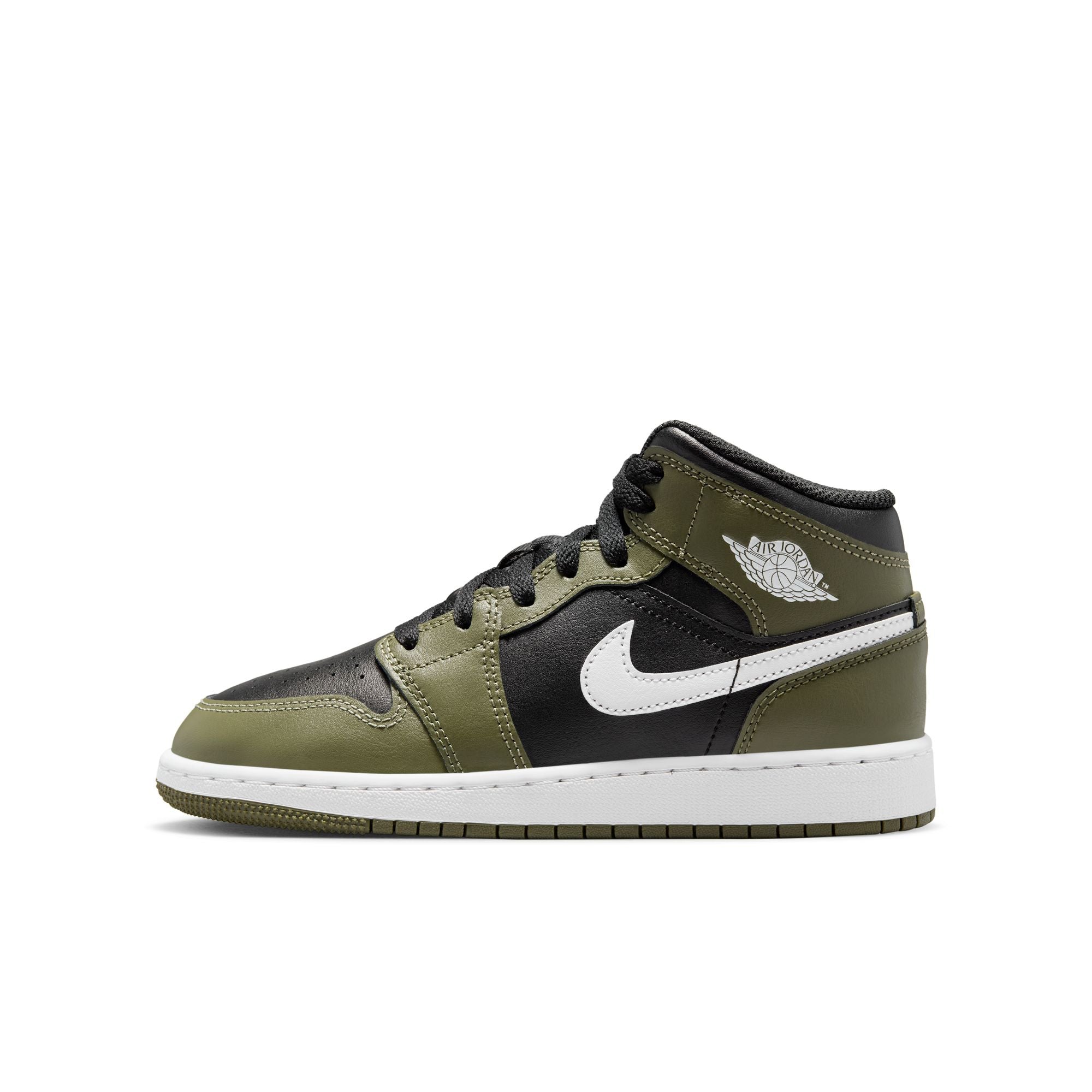 KIDS AIR JORDAN 1 MID GS (BLACK/WHITE/MEDIUM OLIVE)