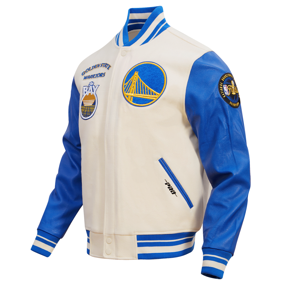 MENS GOLDEN STATE WARRIORS RETRO CLASSIC RIB WOOL VARSITY JACKET (EGGSHELL/ROYAL BLUE)