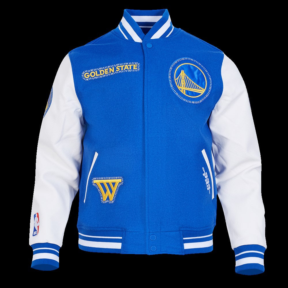 MENS GOLDEN STATE WARRIORS DIY PICK STITCH M RIB WOOL VARSITY JACKET (ROYAL BLUE/WHITE)