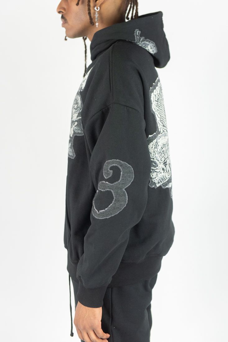 MENS R3BEL DENIM HOODED PULLOVER FLEECE SET W/ TAPESTRY PATCHES (BLACK)