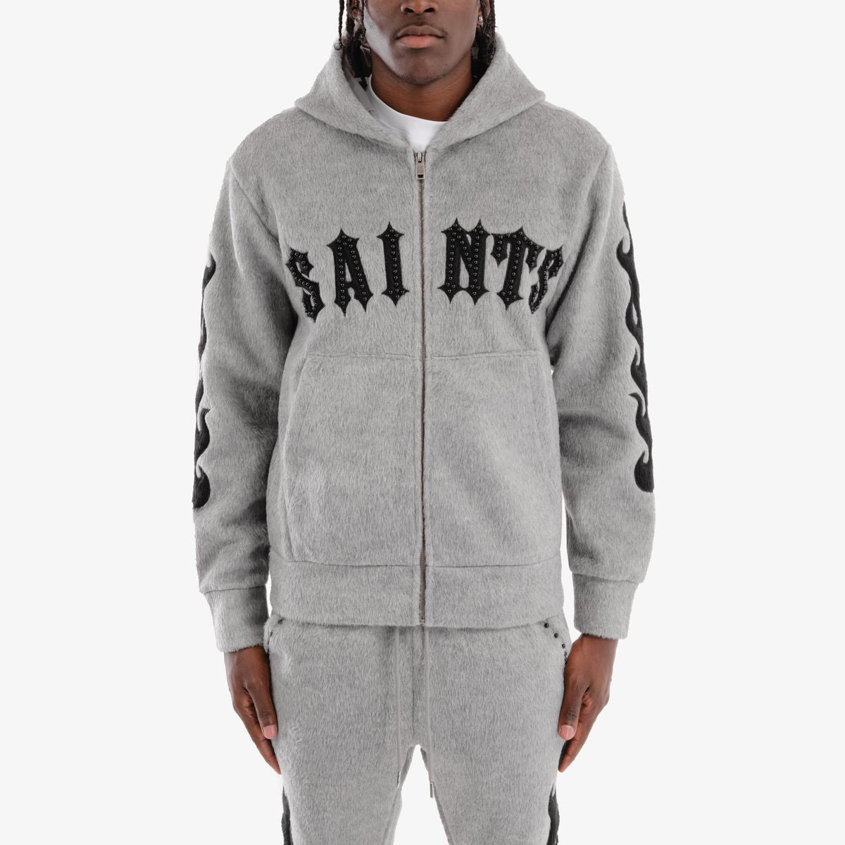 MENS COPPER RIVET MOHAIR PEARL EMBROIDERY FULL ZIP HOODED WARMUP (GREY/BLACK)