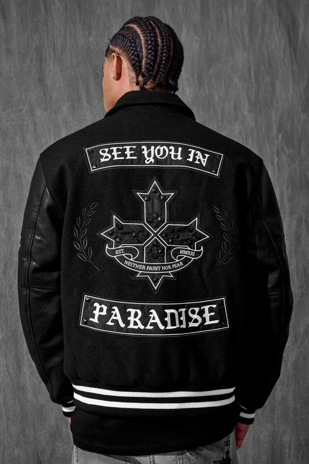 MENS JORDAN CRAIG ETERNAL VARSITY JACKET (BLACK)