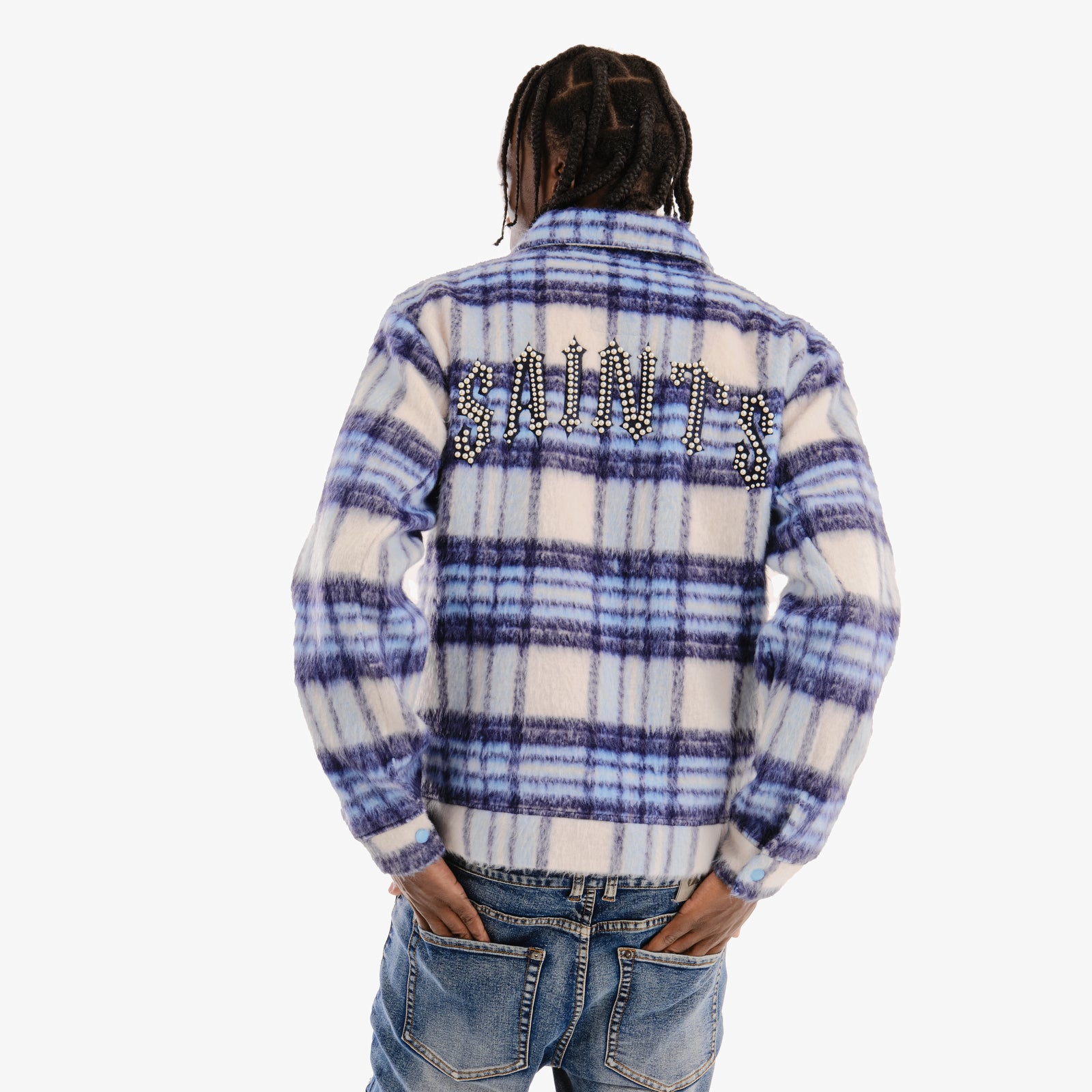 MENS COPPER RIVET BRUSHED FLANNEL JACKET WITH PEARL EMBROIDERY (BLUE)