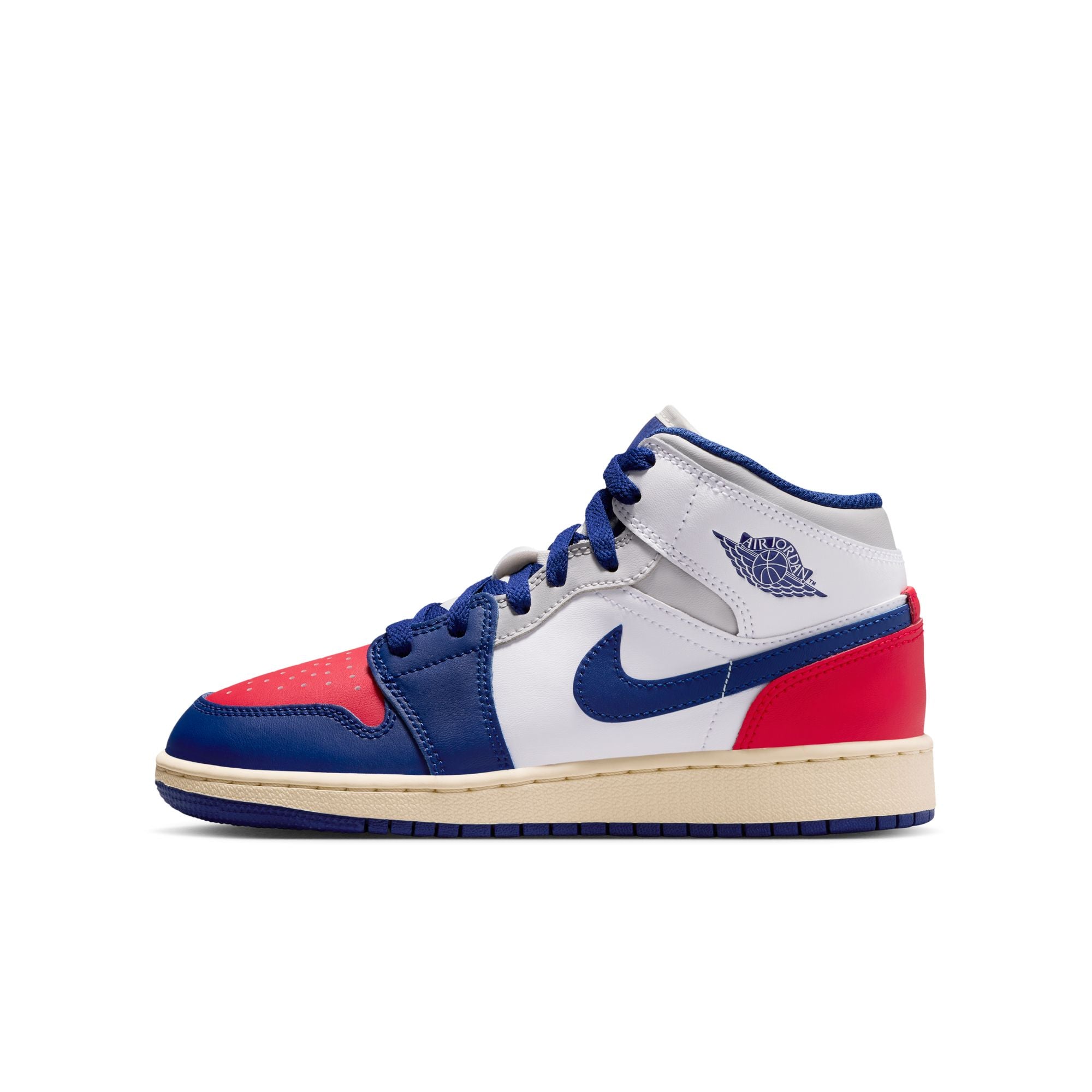 KIDS AIR JORDAN 1 MID GS (WHITE/DEEP ROYAL BLUE/UNIVERSITY RED)