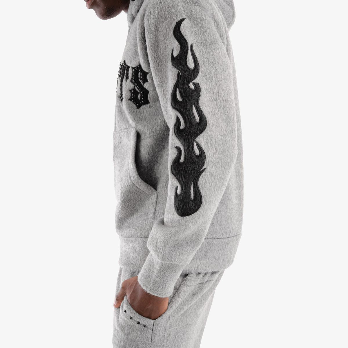 MENS COPPER RIVET MOHAIR PEARL EMBROIDERY FULL ZIP HOODED WARMUP (GREY/BLACK)