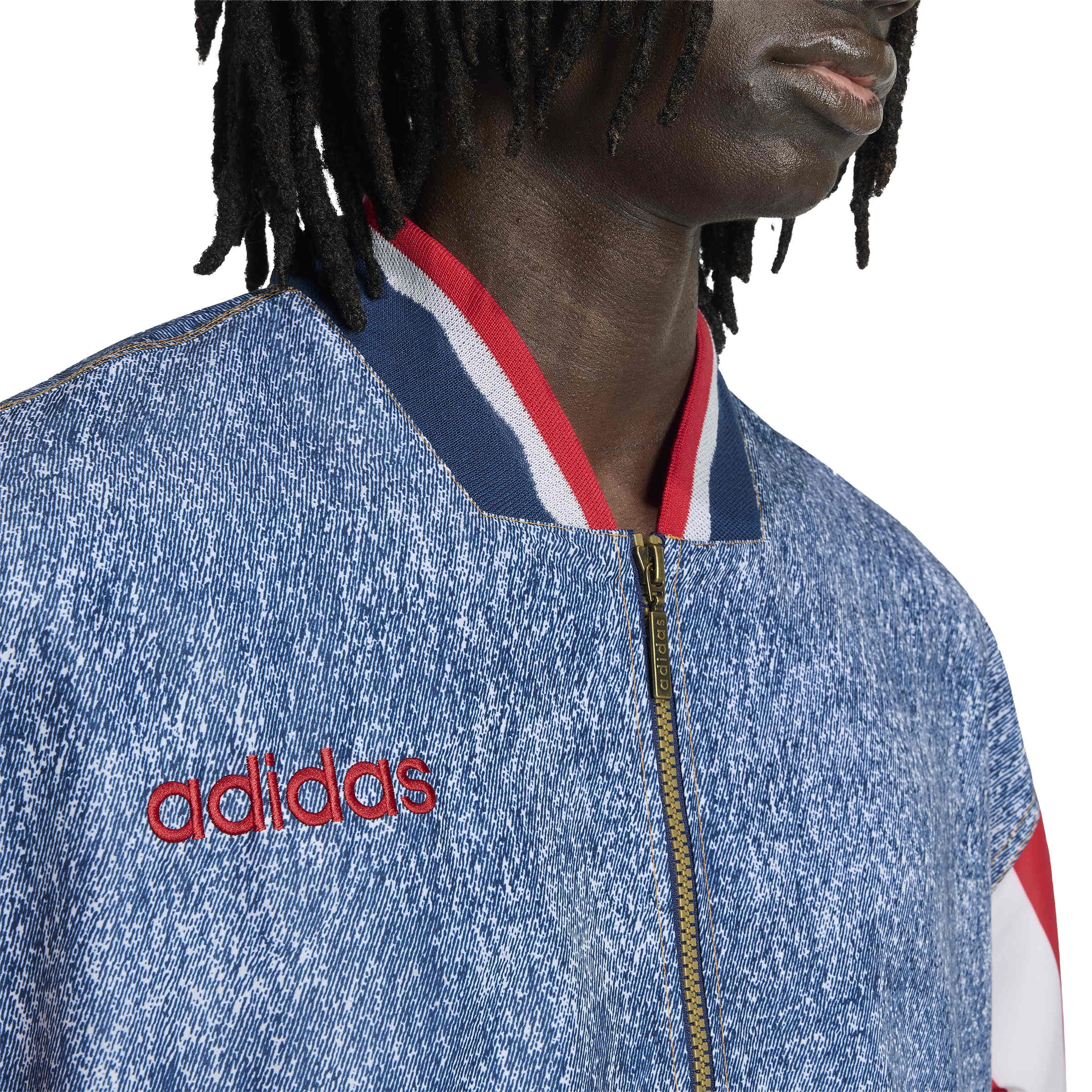 MENS ADIDAS DENIM GRAPHIC TRACK TOP (WHITE / DARK BLUE)