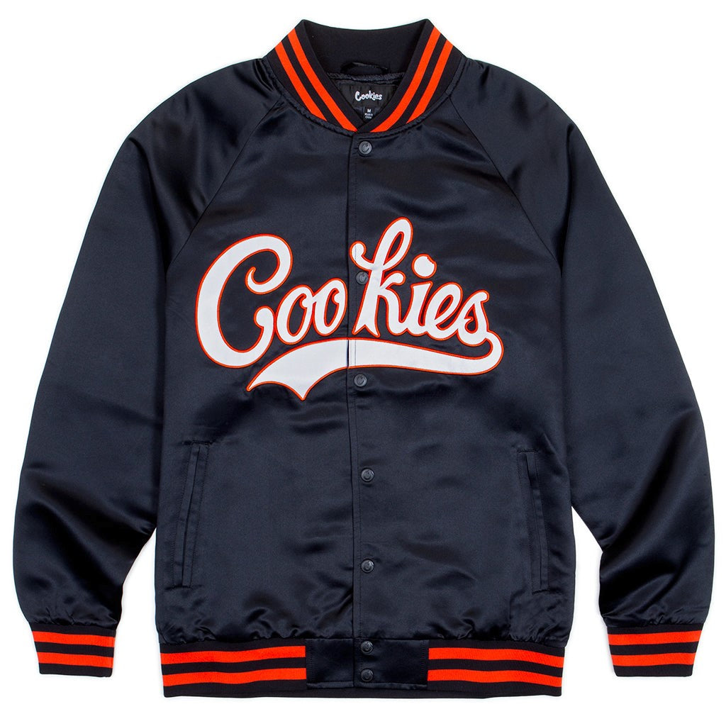 MENS COOKIES BASES LOADED SATIN VARSITY JACKET (BLACK)