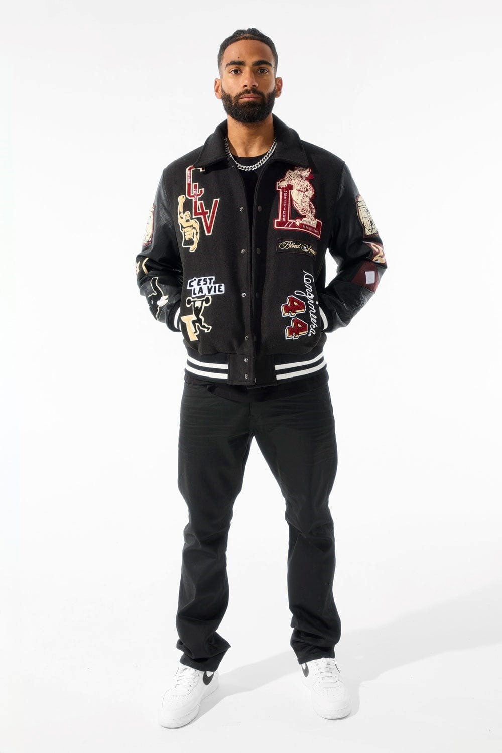 MENS JORDAN CRAIG CARPE DIEM VARSITY JACKET (BLACK)