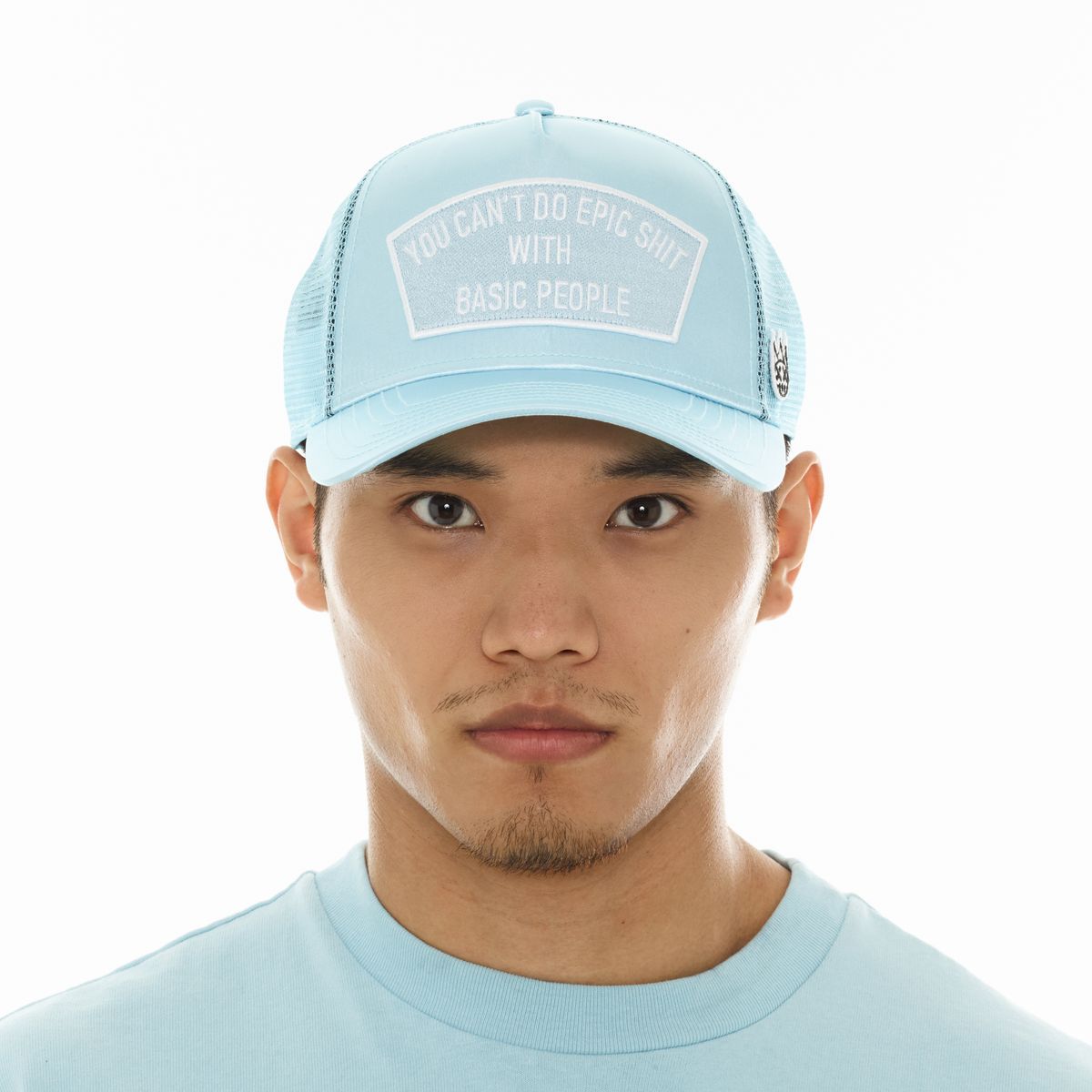 CULT MESH TRUCKER HAT WITH SATIN "EPIC SHIT" (BLUE GLOW)