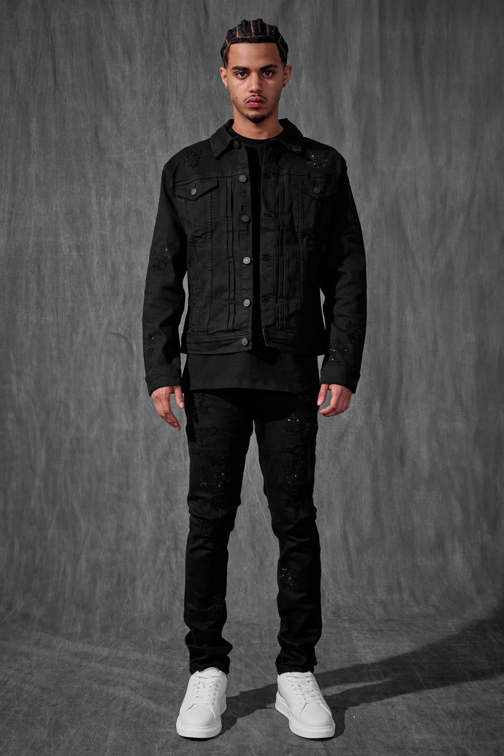 MENS JORDAN CRAIG LIMELIGHT DENIM TRUCKER JACKET (JET BLACK)