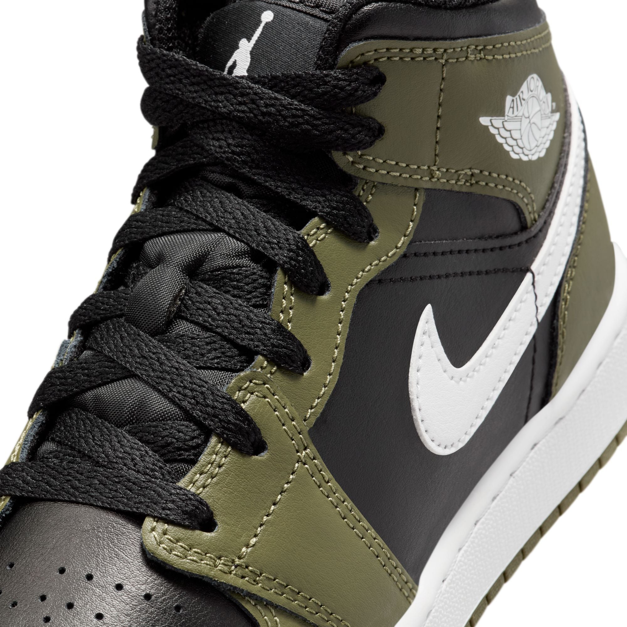 KIDS AIR JORDAN 1 MID GS (BLACK/WHITE/MEDIUM OLIVE)