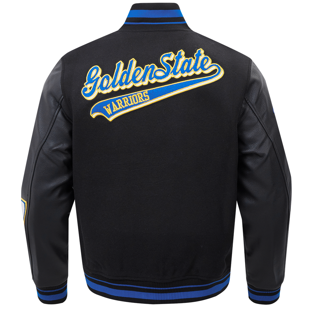 MENS GOLDEN STATE WARRIORS SCRIPT TAIL RIB WOOL VARSITY JACKET (BLACK/ROYAL BLUE)