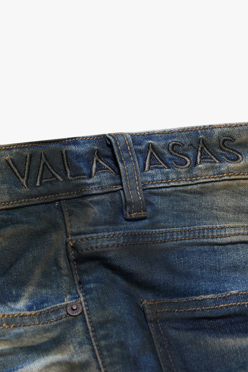 MENS VALABASAS "FAX" STACKED WAXED DENIM (VINTAGE BLUE DARK BLUE WASH)