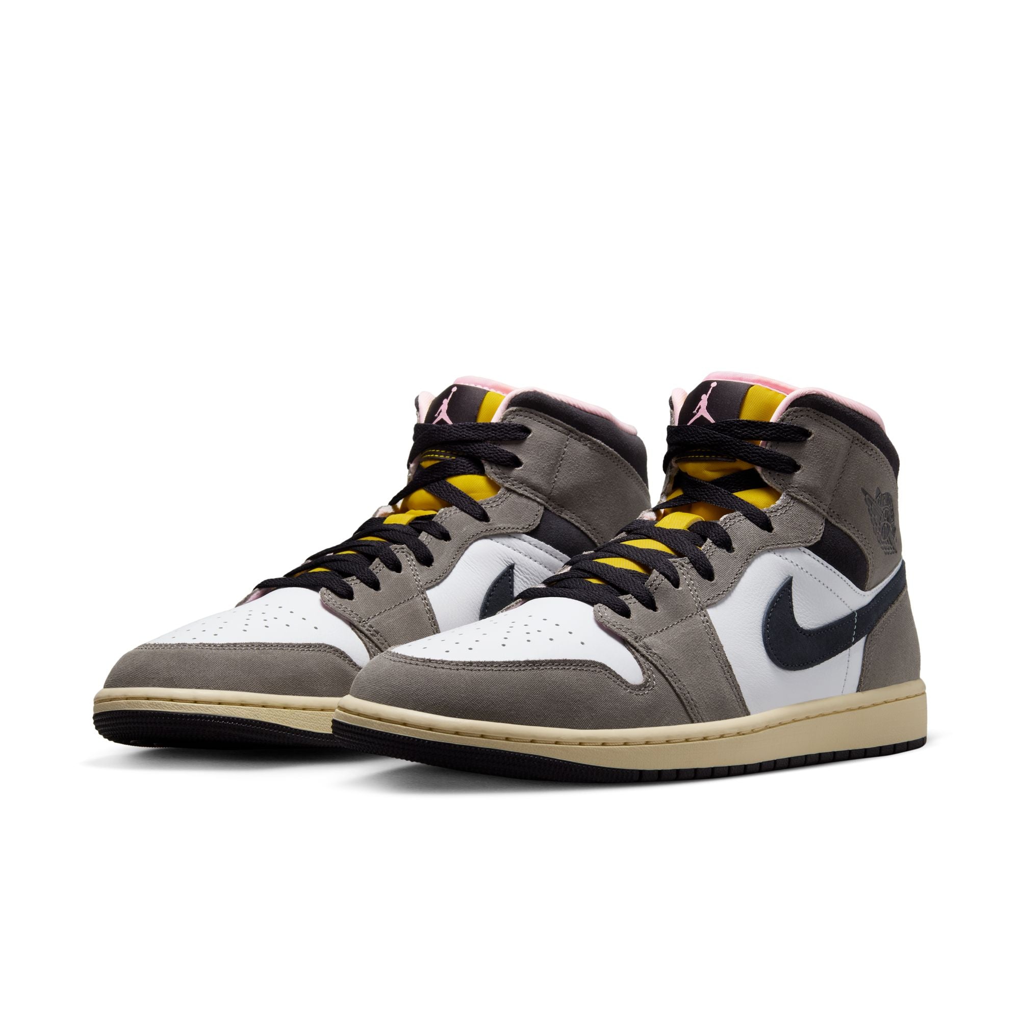 MENS AIR JORDAN 1 MID SE (WHITE/OIL GREY/CAVE STONE/DARK SULFUR)