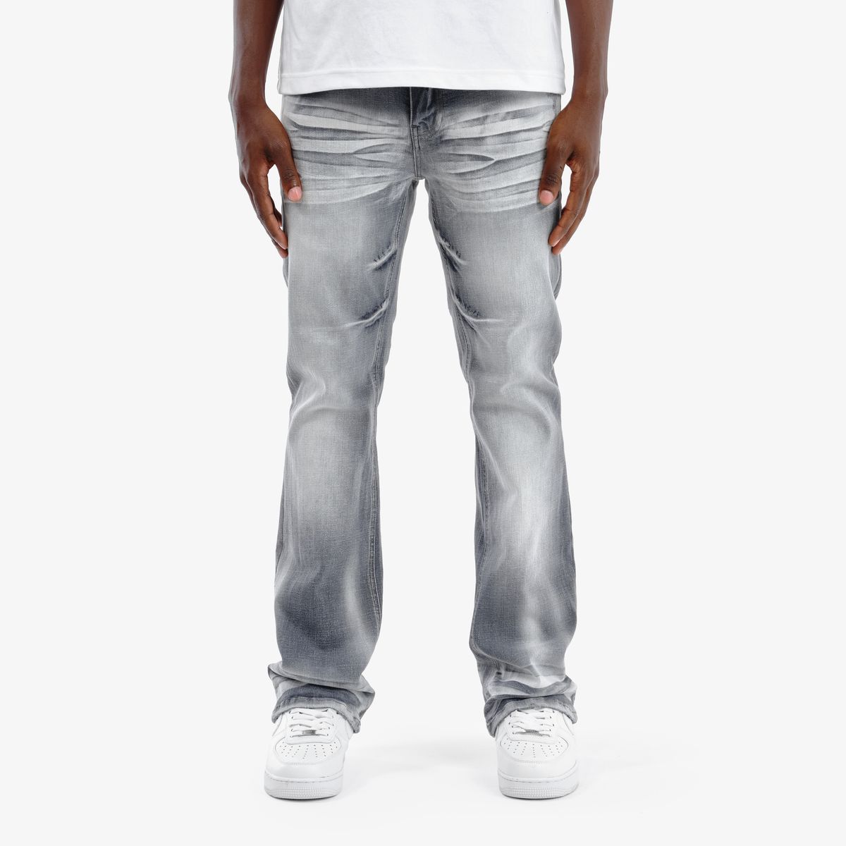 MENS COPPER RIVET CROSS HATCH FLARE FIT JEAN (GREY)