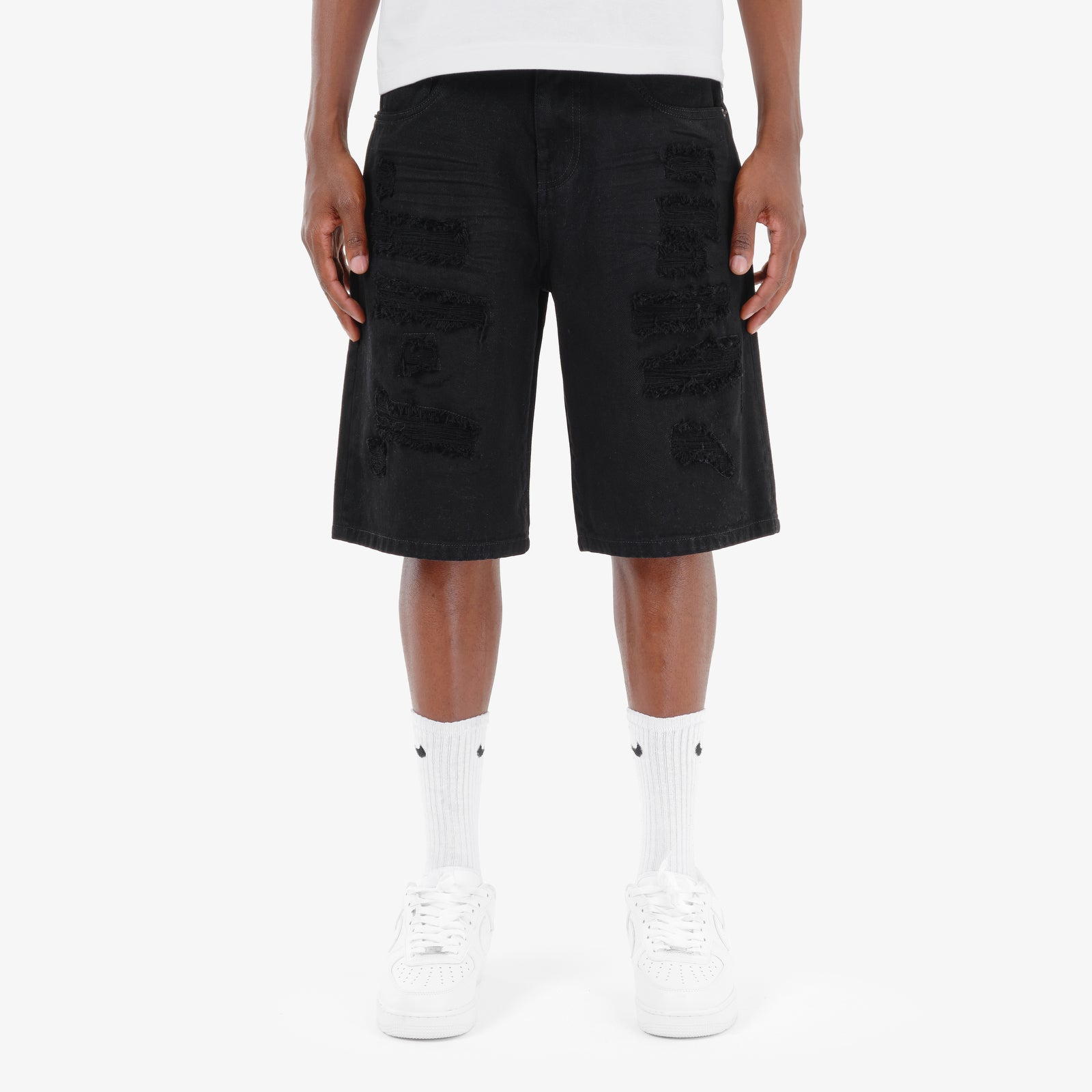 MENS COPPER RIVET RIP & REPAIR RELAXED FIT DENIM SHORT (BLACK)