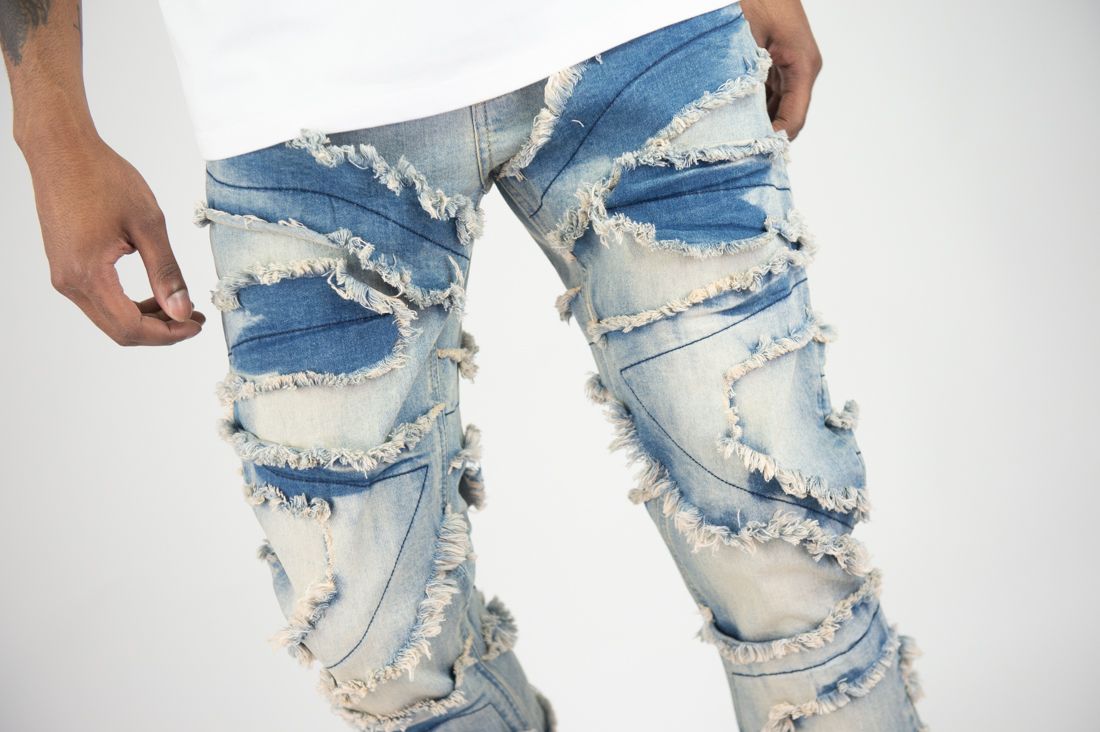 MENS ROAR DENIM RIP & FRAY STACKED DENIM/TWILL PANT (MEDIUM INDIGO)