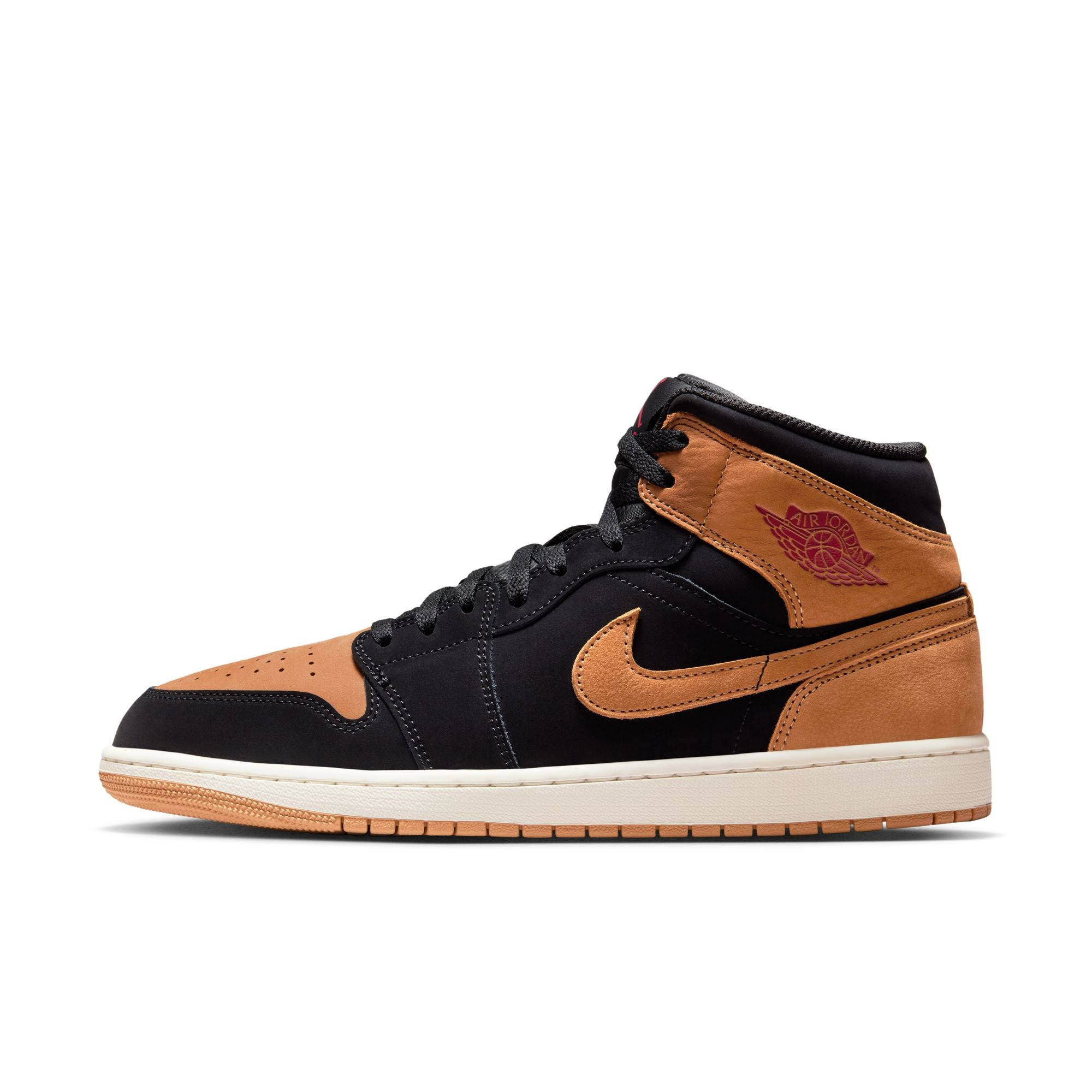 MENS AIR JORDAN 1 MID SE (BLACK/FLAX/VARSITY RED/SAIL)