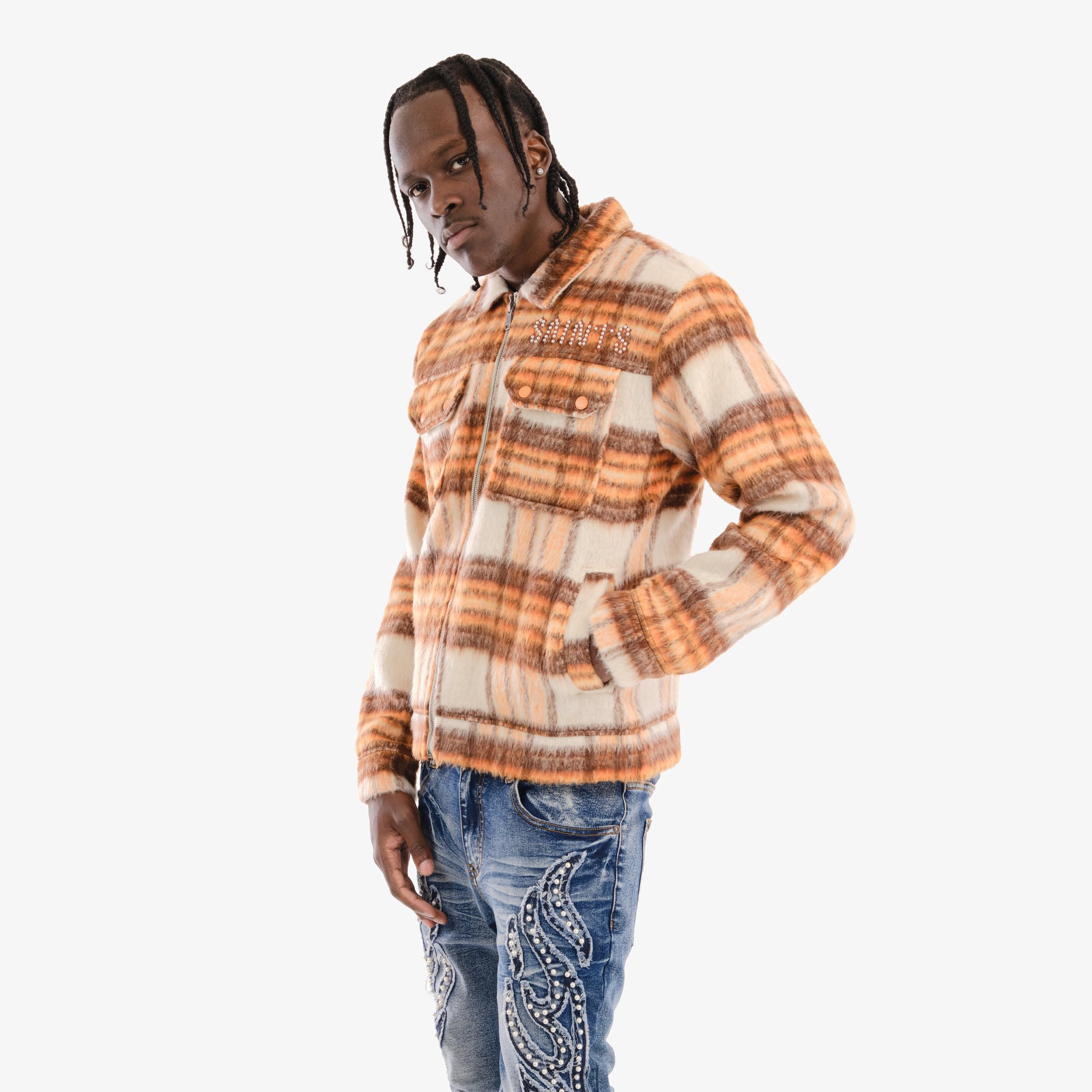 MENS COPPER RIVET BRUSHED FLANNEL JACKET WITH PEARL EMBROIDERY (ORANGE)