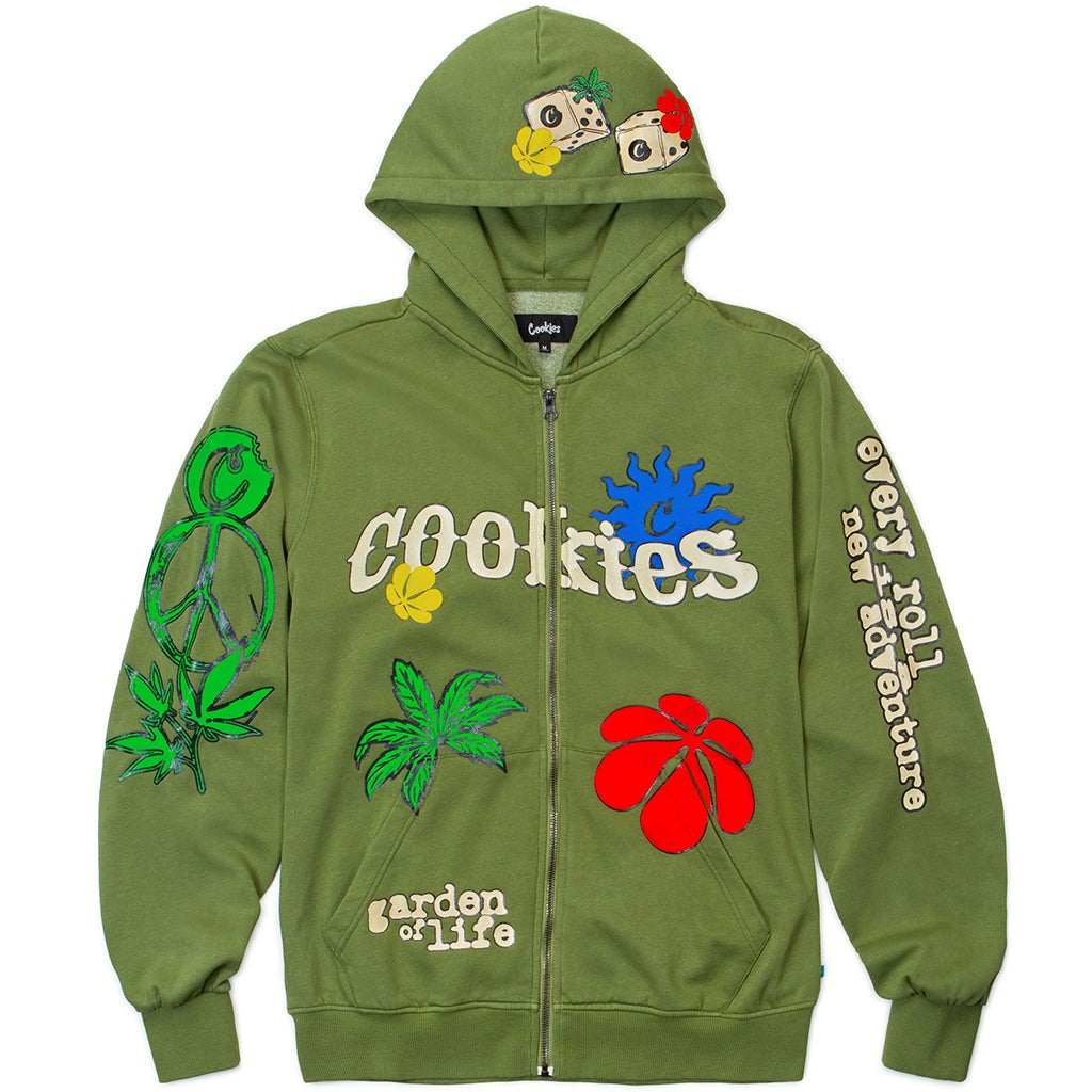 MENS COOKIES GARDEN OF LIFE ZIP HOODIE WITH PUFF HEAT TRANSFER ARTWORK (FERN GREEN)